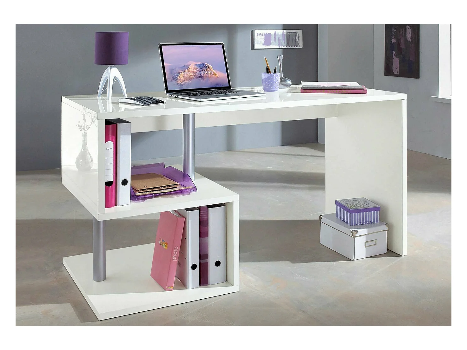 Dmora - Scrivania Atemis, cm 140x60h78, Bianco lucido