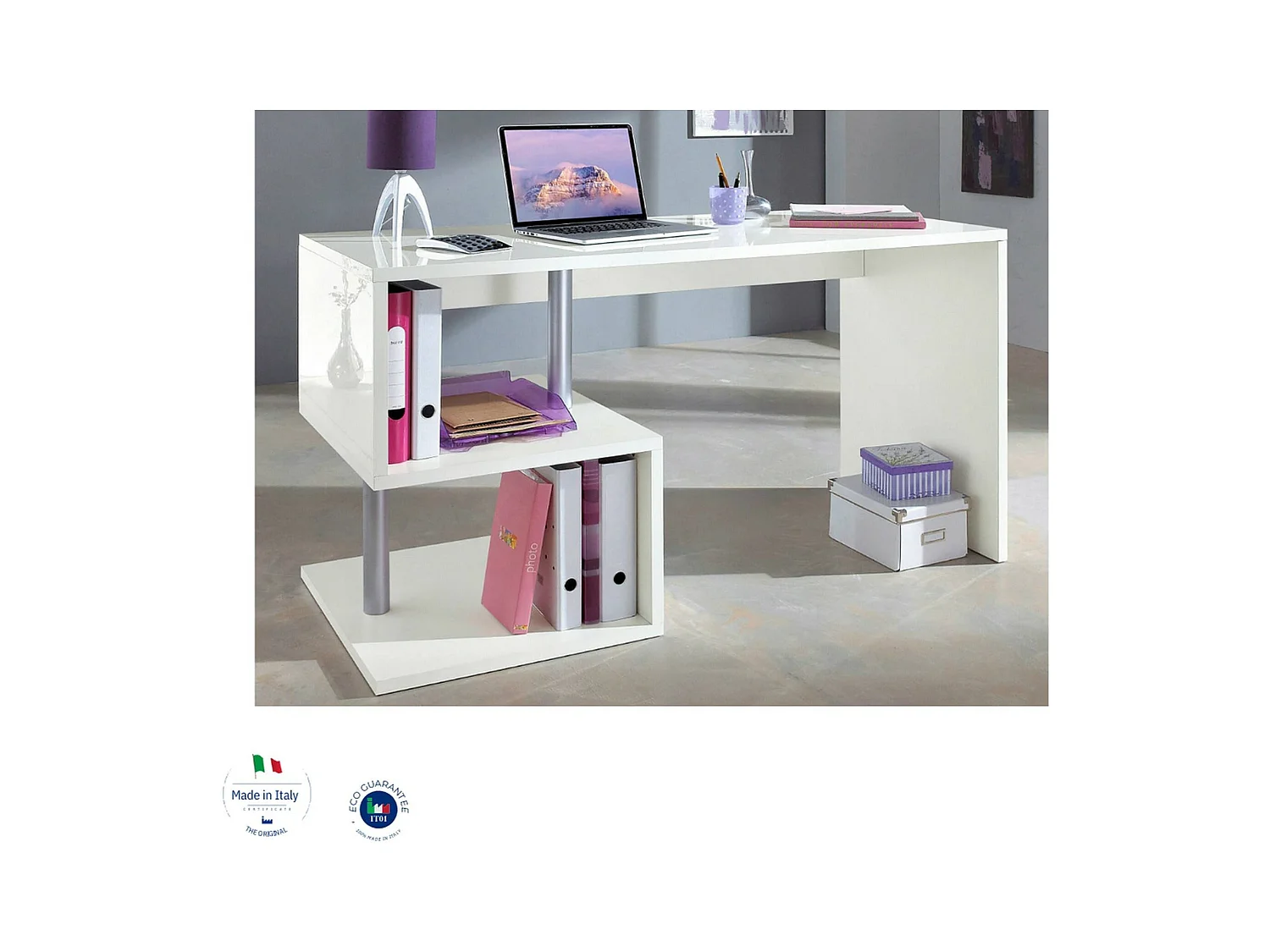 Dmora - Scrivania Atemis, cm 140x60h78, Bianco lucido