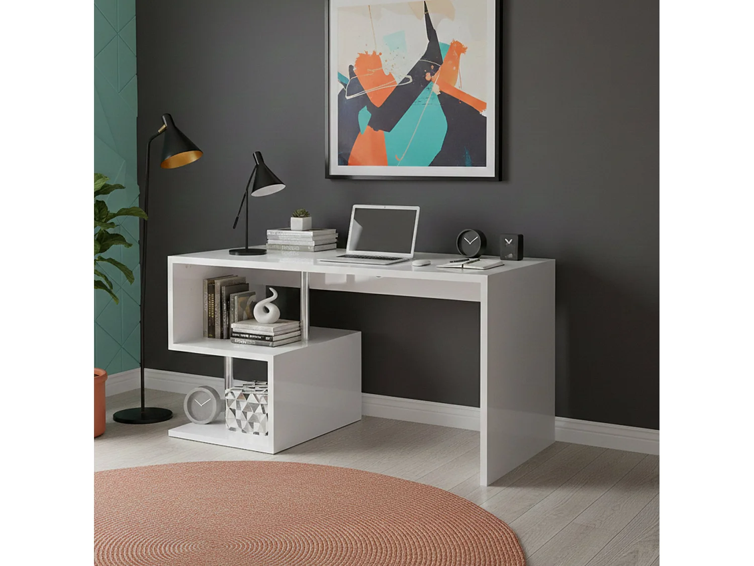 Bureau Dmorisc, Bureau PC Linéaire, Table de bureau polyvalente, Bureau gain de place multi-positions, 100% Made in Italy, 140x60h78 cm, Blanc brillant