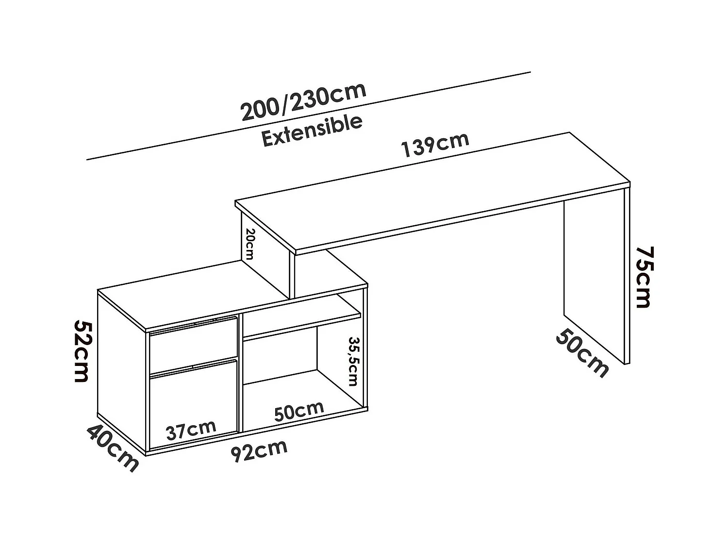 Bureau Ddiaw, Bureau multi-positions pour le bureau ou la chambre, Table d'étude d'angle polyvalente, 139x92h75 cm, Chêne et Anthracite