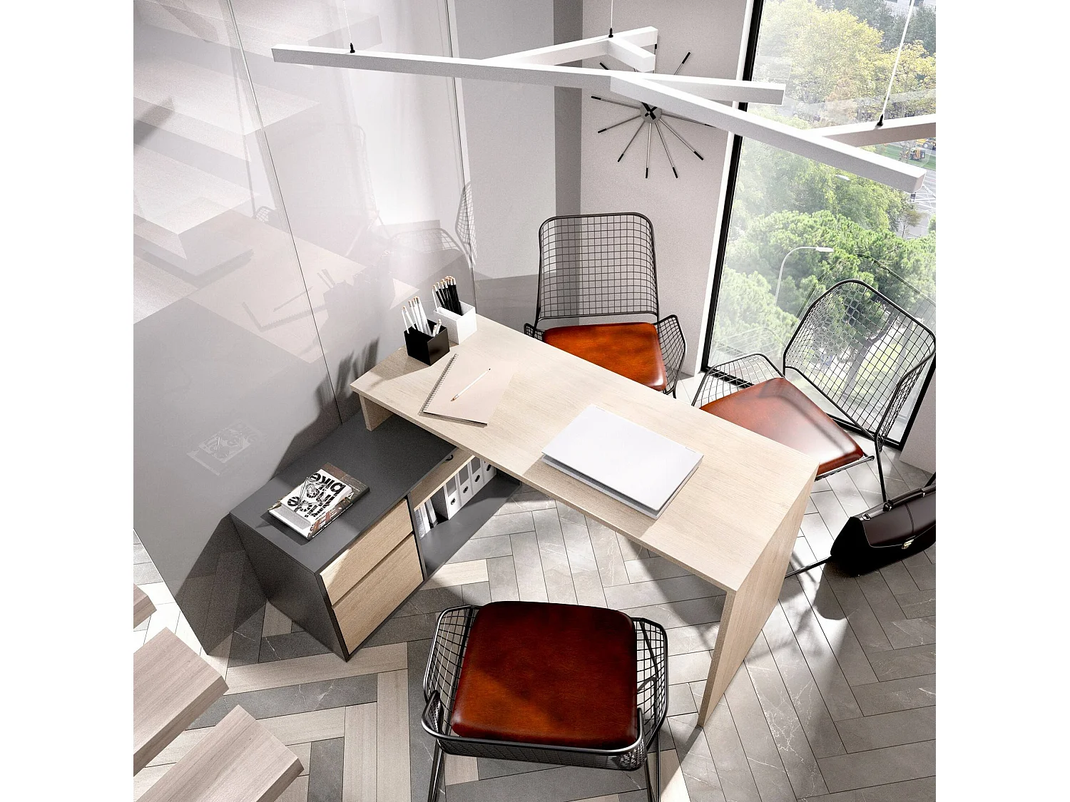 Bureau Ddiaw, Bureau multi-positions pour le bureau ou la chambre, Table d'étude d'angle polyvalente, 139x92h75 cm, Chêne et Anthracite