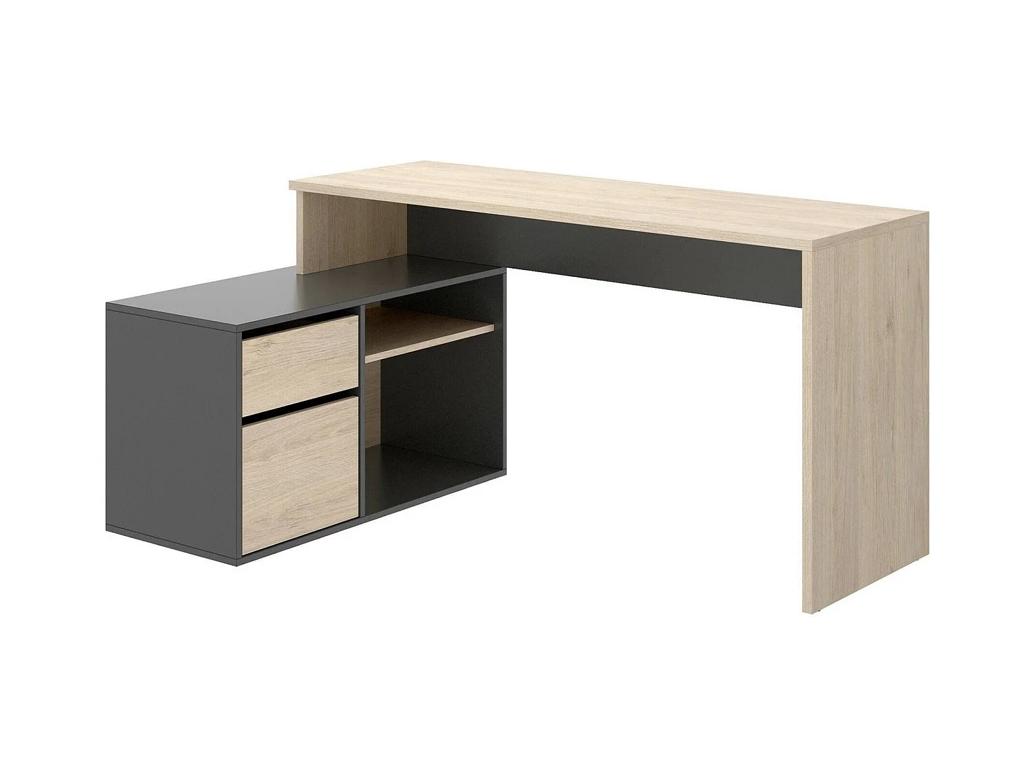 Bureau Ddiaw, Bureau multi-positions pour le bureau ou la chambre, Table d'étude d'angle polyvalente, 139x92h75 cm, Chêne et Anthracite