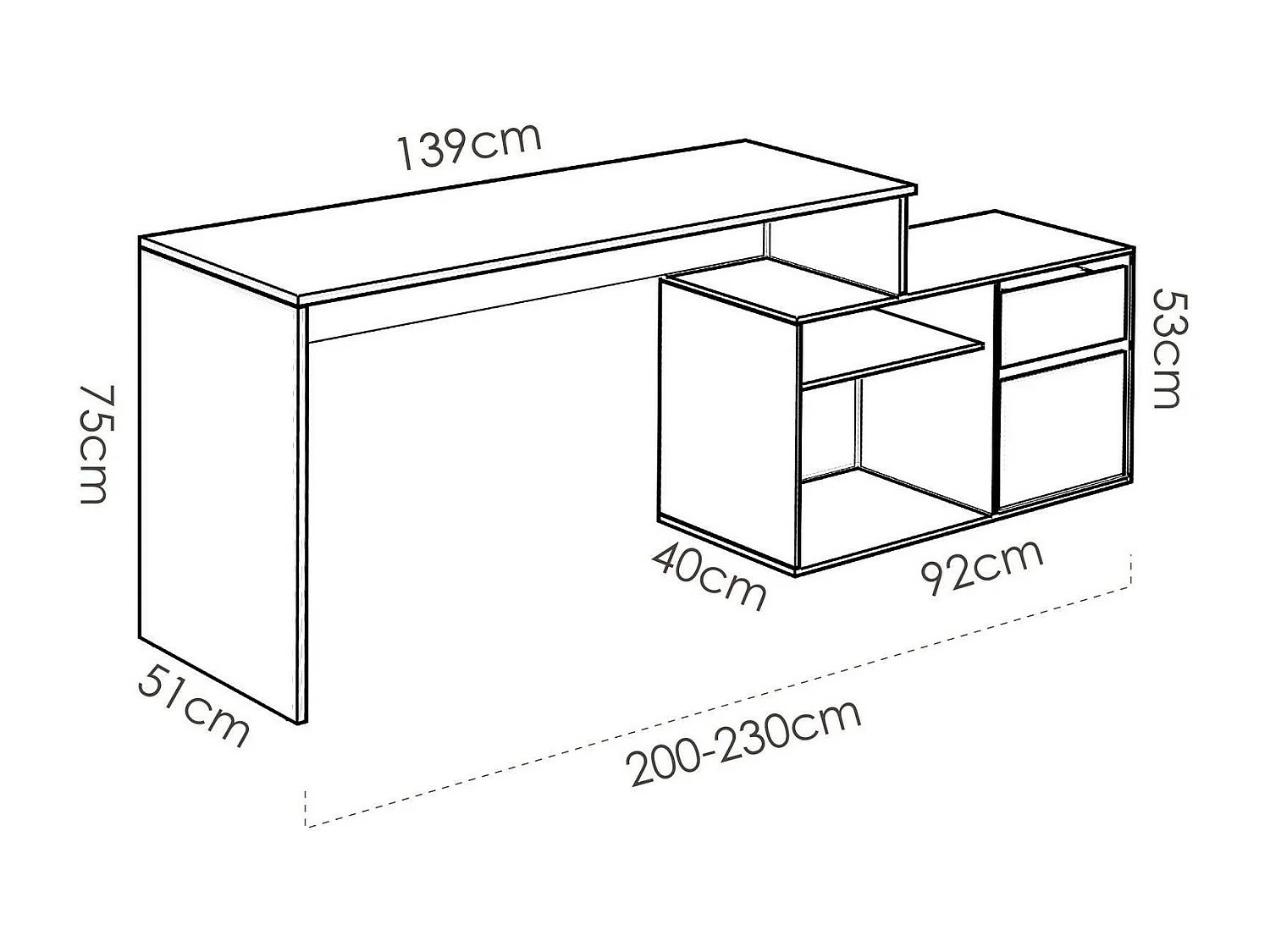 Ddiaw bureau, Multi-positie bureau voor kantoor of slaapkamer, Multifunctionele hoekstudeertafel, 139x92h75 cm, Eiken en antraciet