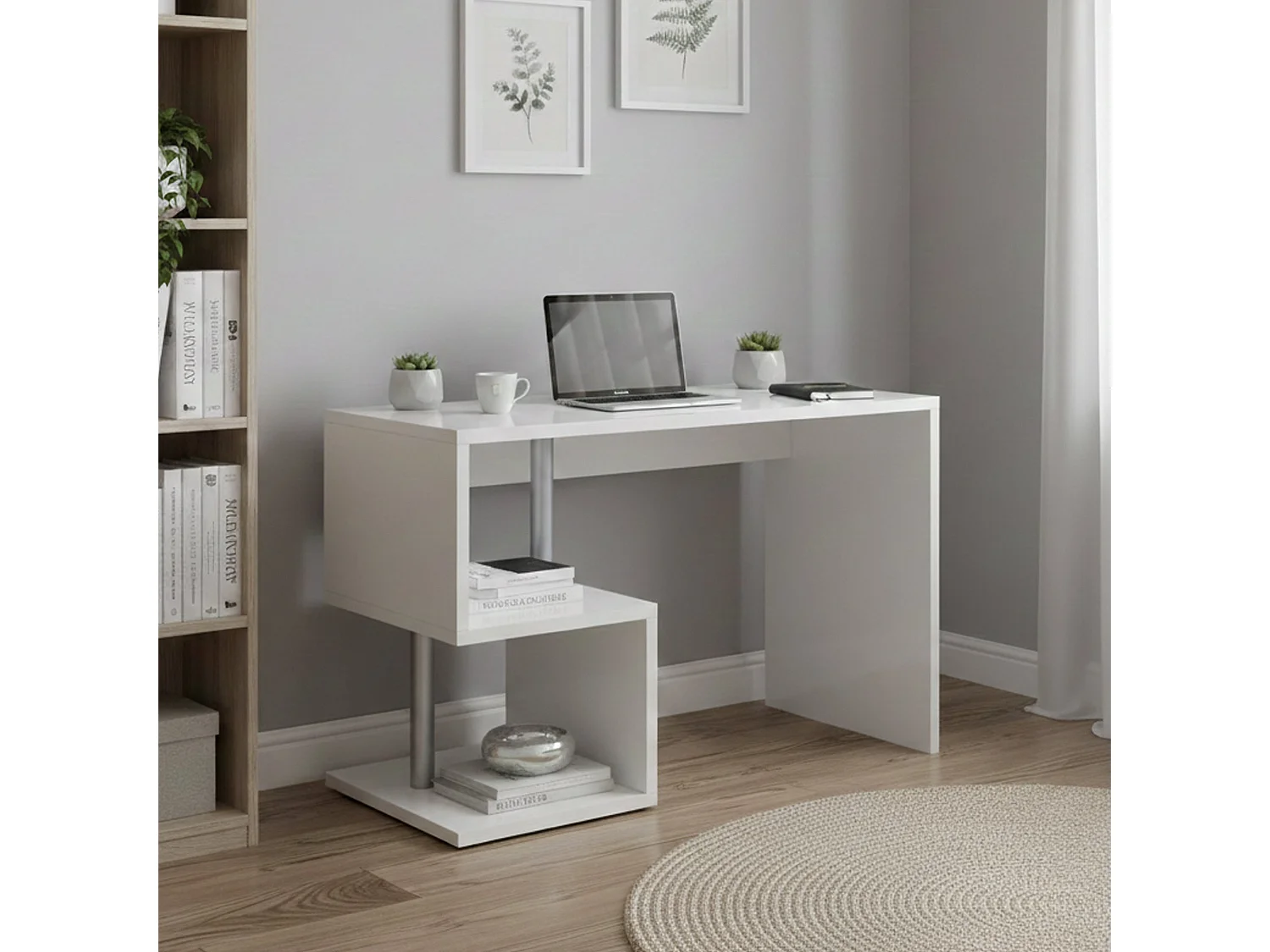 Bureau Dgyombe, Bureau PC Linéaire, Table de bureau polyvalente, Bureau gain de place multi-positions, 100% Made in Italy, 100x50h78 cm, Blanc brillant