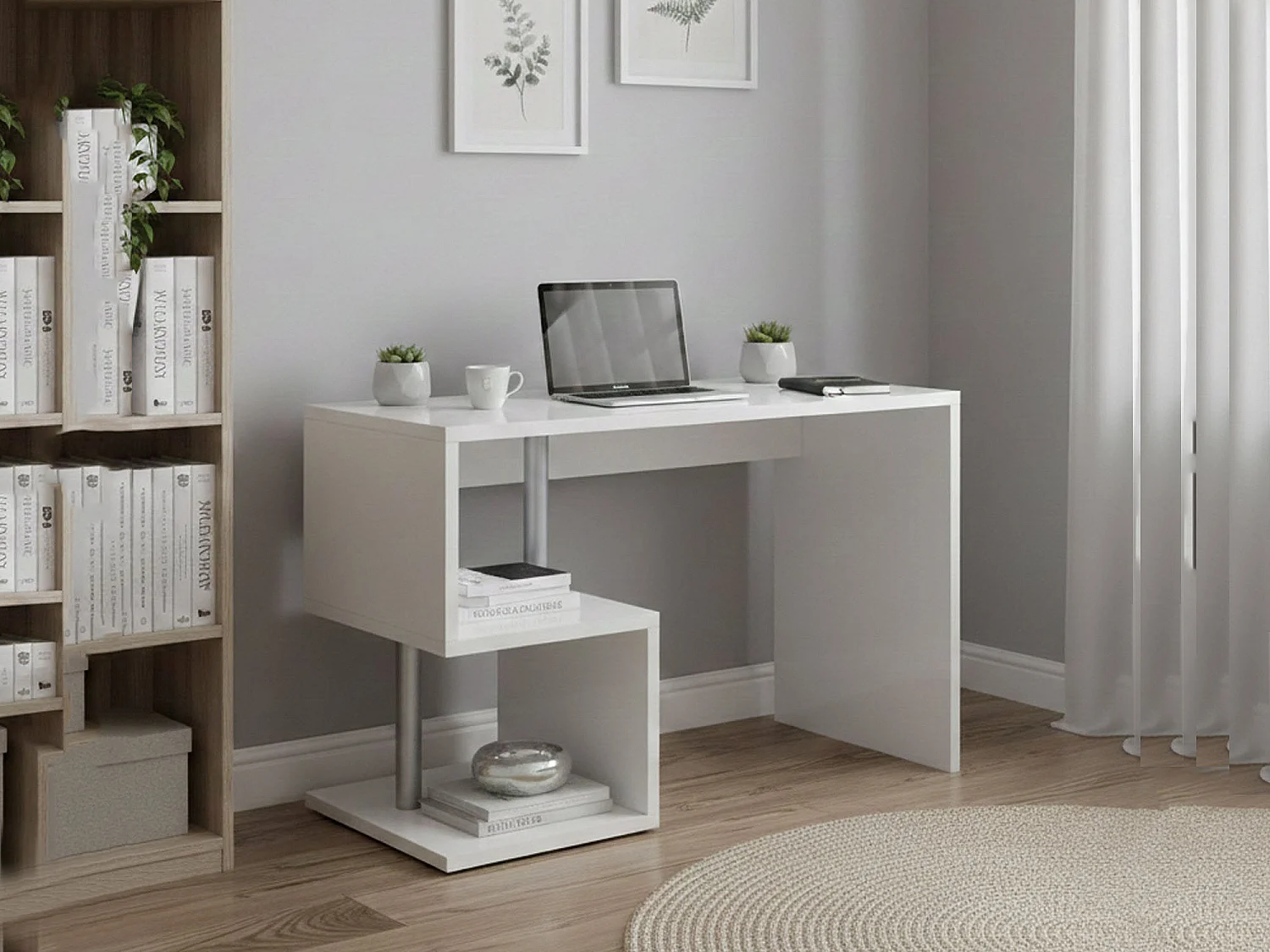 Bureau Dgyombe, Bureau PC Linéaire, Table de bureau polyvalente, Bureau gain de place multi-positions, 100% Made in Italy, 100x50h78 cm, Blanc brillant