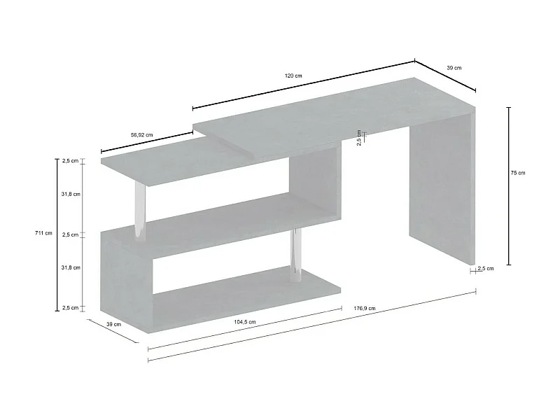 Bureau Dascagn, Bureau PC d'angle, Table de bureau polyvalente, Bureau multi-positions gain de place, 100% Made in Italy, 120x50h75 cm, Blanc brillant