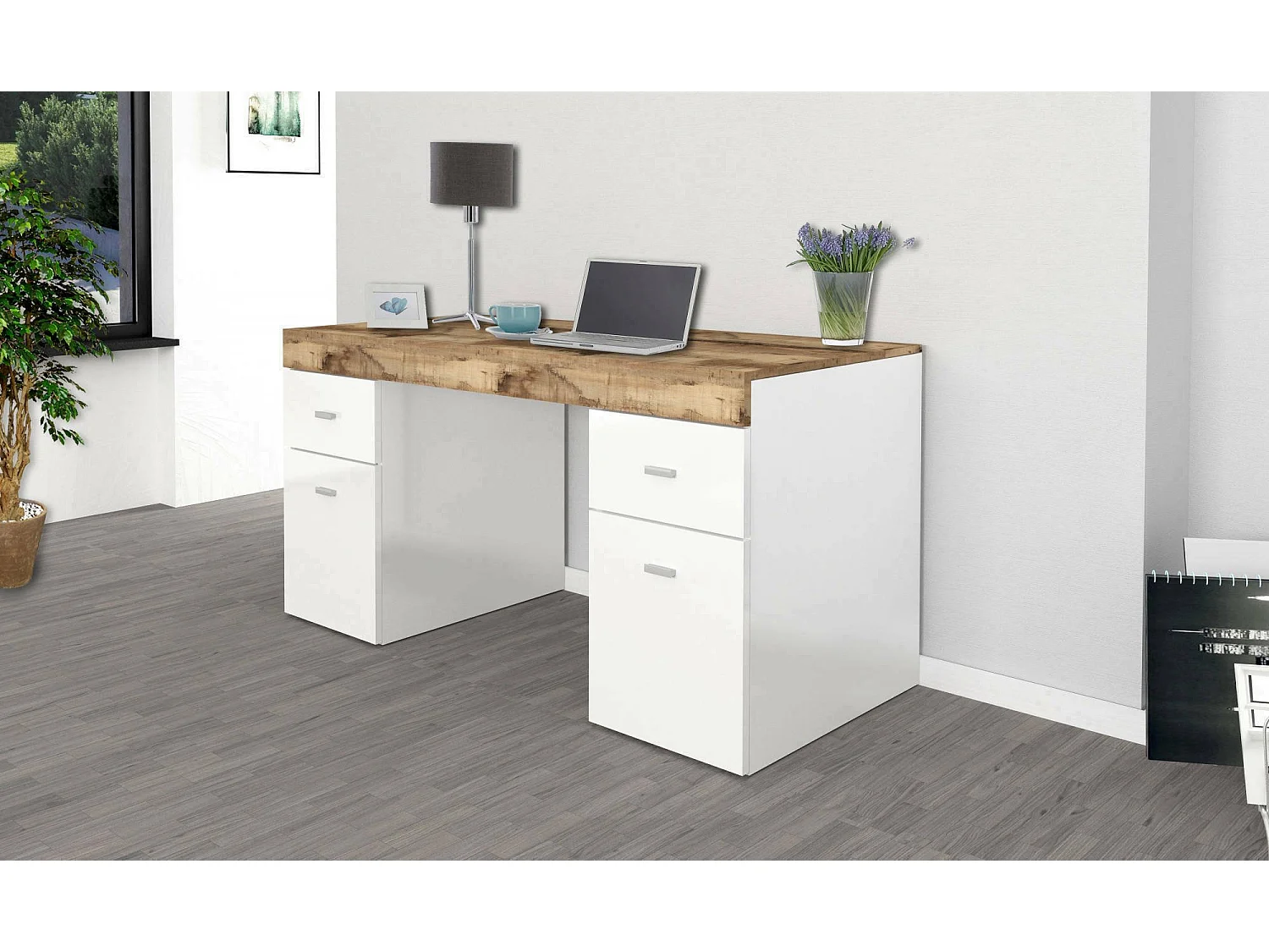 Dbro bureau, lineair pc-bureau, multifunctionele kantoortafel, ruimtebesparend bureau, 100% Made in Italy, 130x60h75 cm, glanzend wit en esdoorn