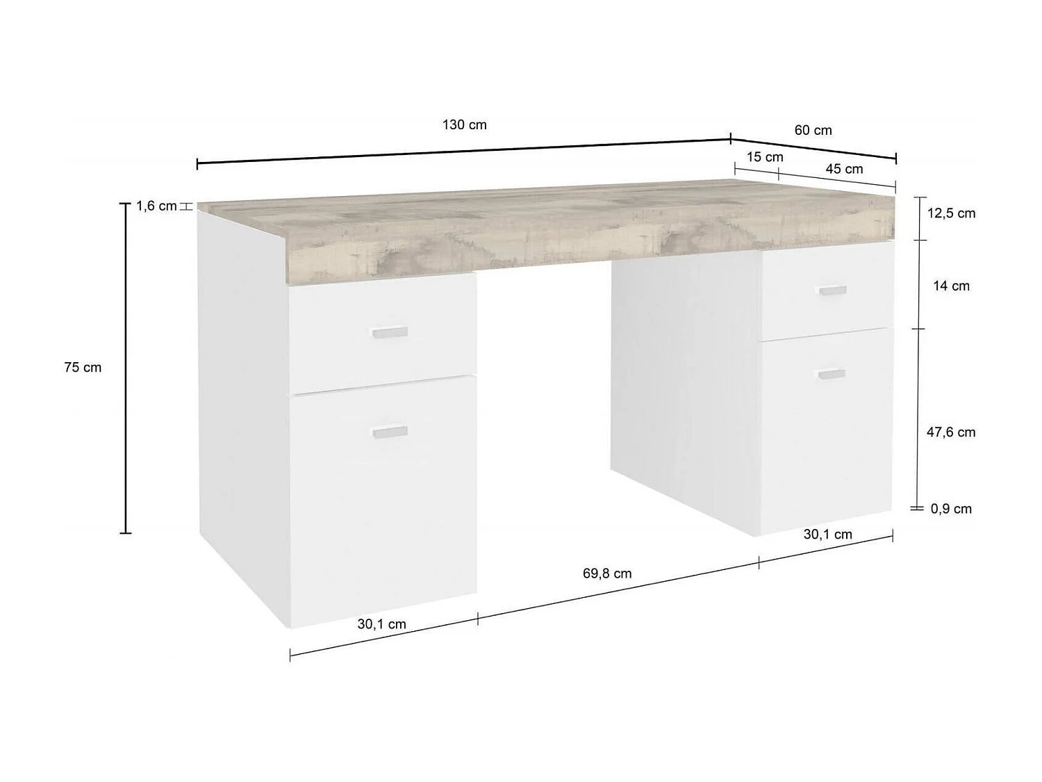 Dbro bureau, lineair pc-bureau, multifunctionele kantoortafel, ruimtebesparend bureau, 100% Made in Italy, 130x60h75 cm, glanzend wit en esdoorn