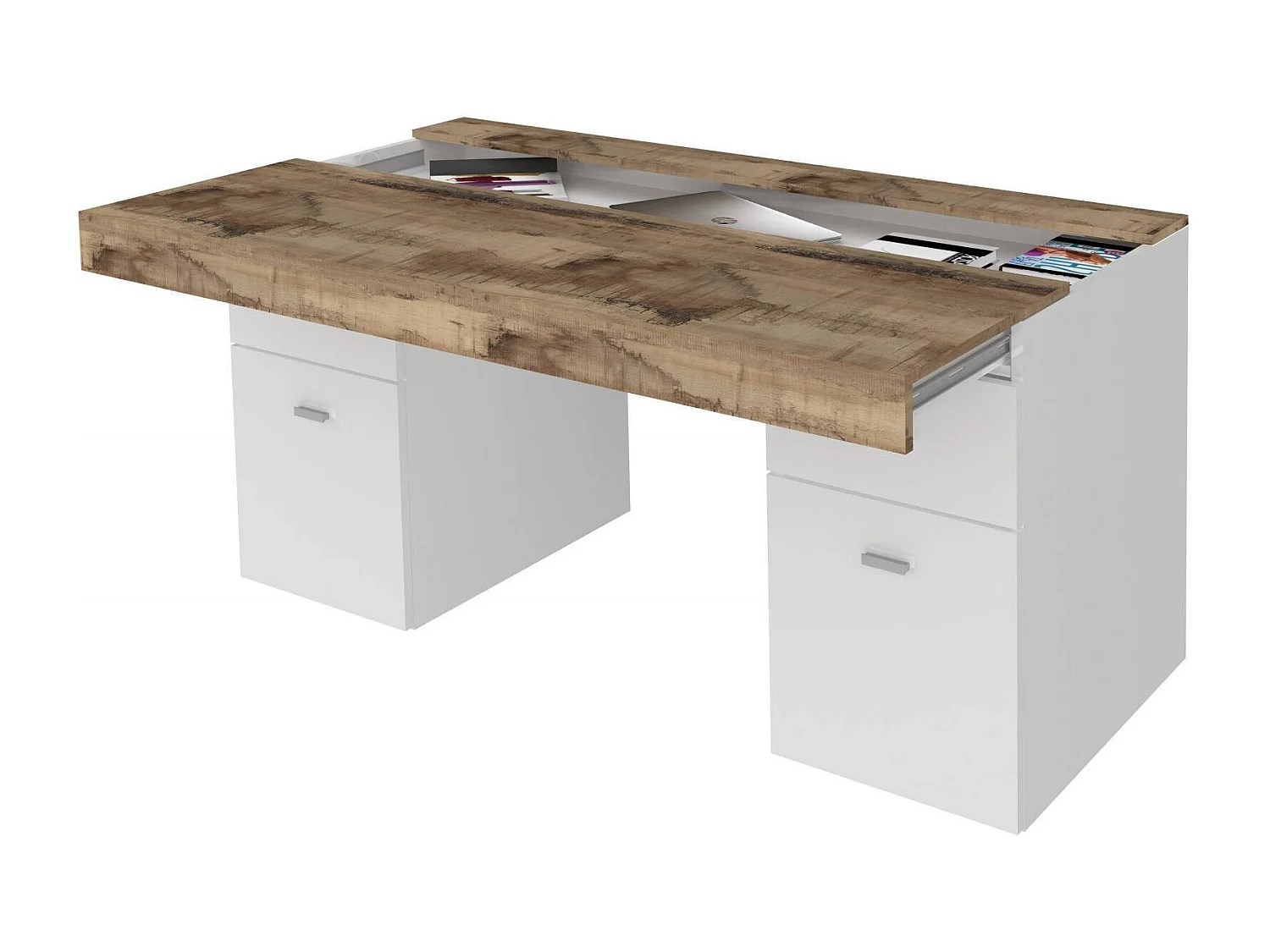 Dbro bureau, lineair pc-bureau, multifunctionele kantoortafel, ruimtebesparend bureau, 100% Made in Italy, 130x60h75 cm, glanzend wit en esdoorn