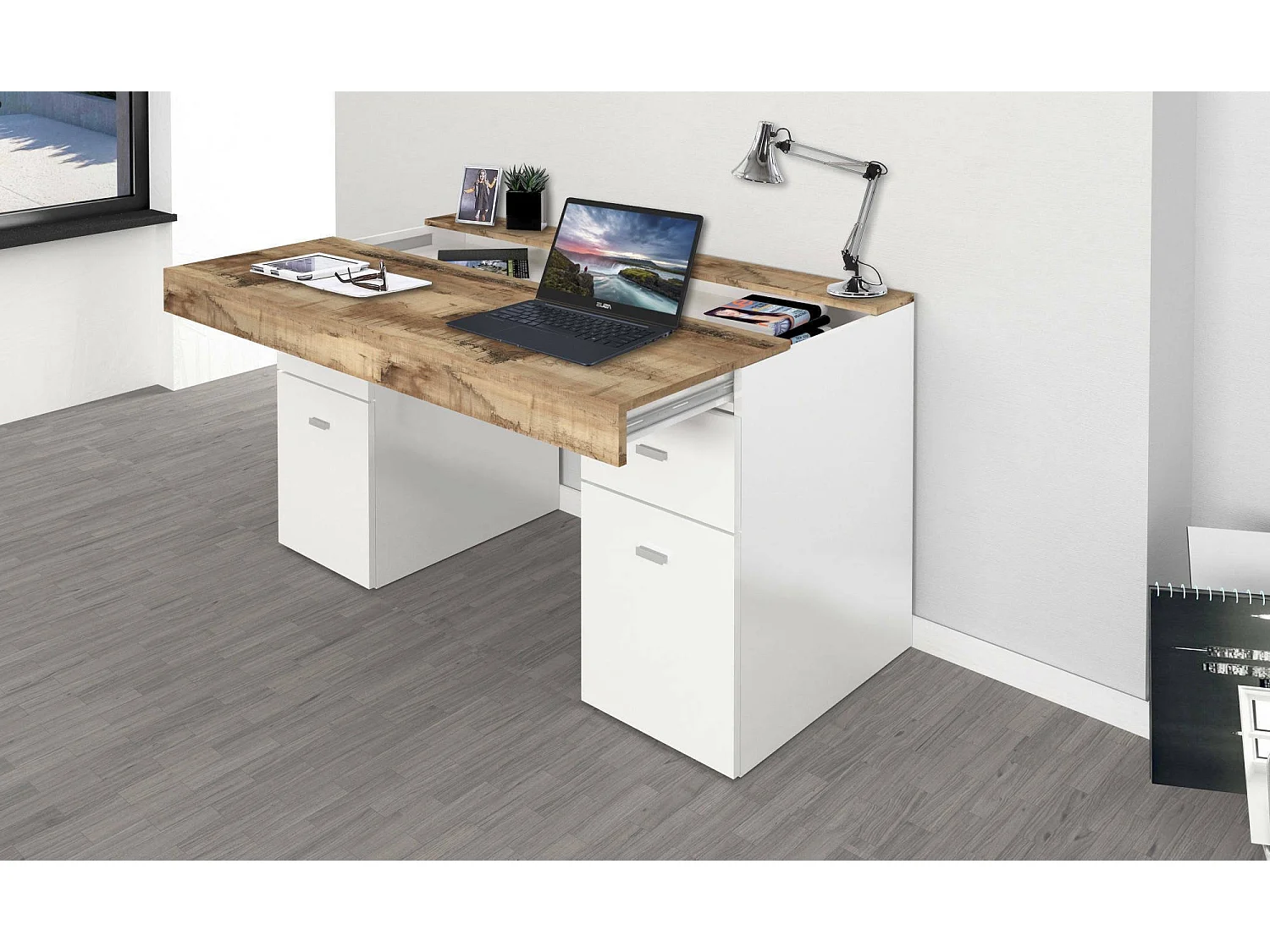 Dbro bureau, lineair pc-bureau, multifunctionele kantoortafel, ruimtebesparend bureau, 100% Made in Italy, 130x60h75 cm, glanzend wit en esdoorn