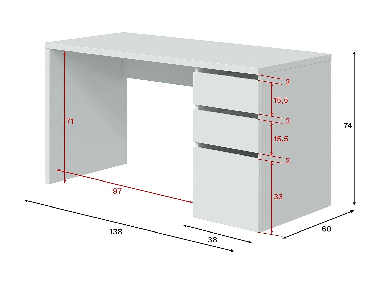 Bureau Dmallam, Bureau réversible avec 3 tiroirs, Table de bureau multi-positions gain de place, 138x60h74 cm, Blanc