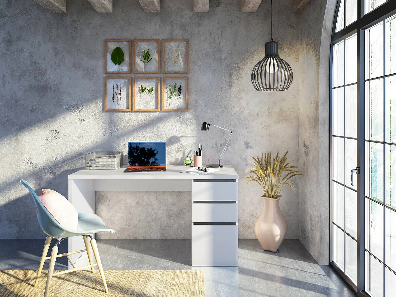 Escritorio Dmallam, Escritorio reversible con 3 cajones, Mesa de oficina multiposiciones para ahorrar espacio, 138x60h74 cm, Blanco