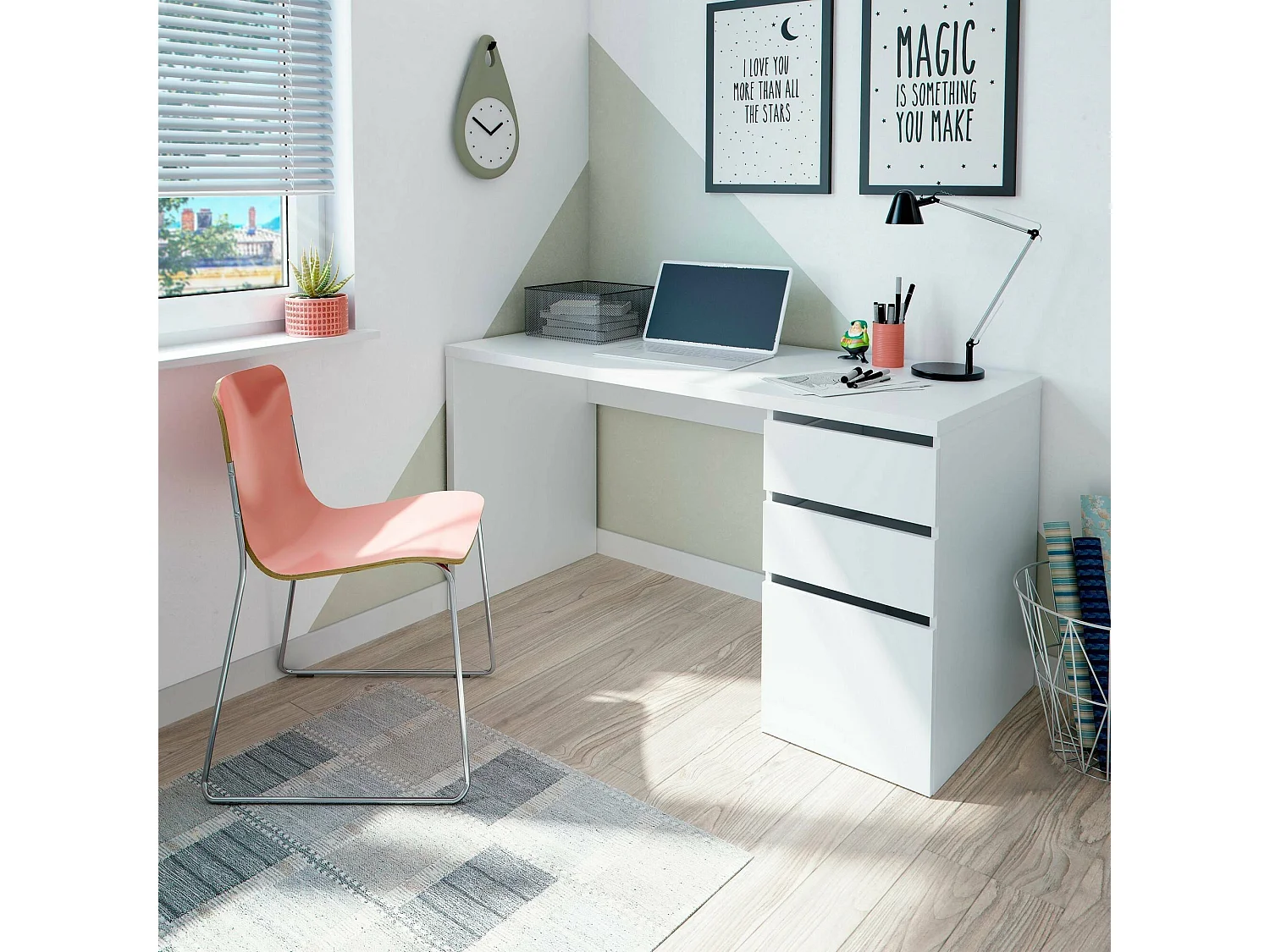Dmallam Bureau, Omkeerbaar bureau met 3 laden, Ruimtebesparende kantoortafel met meerdere posities, 138x60h74 cm, Wit