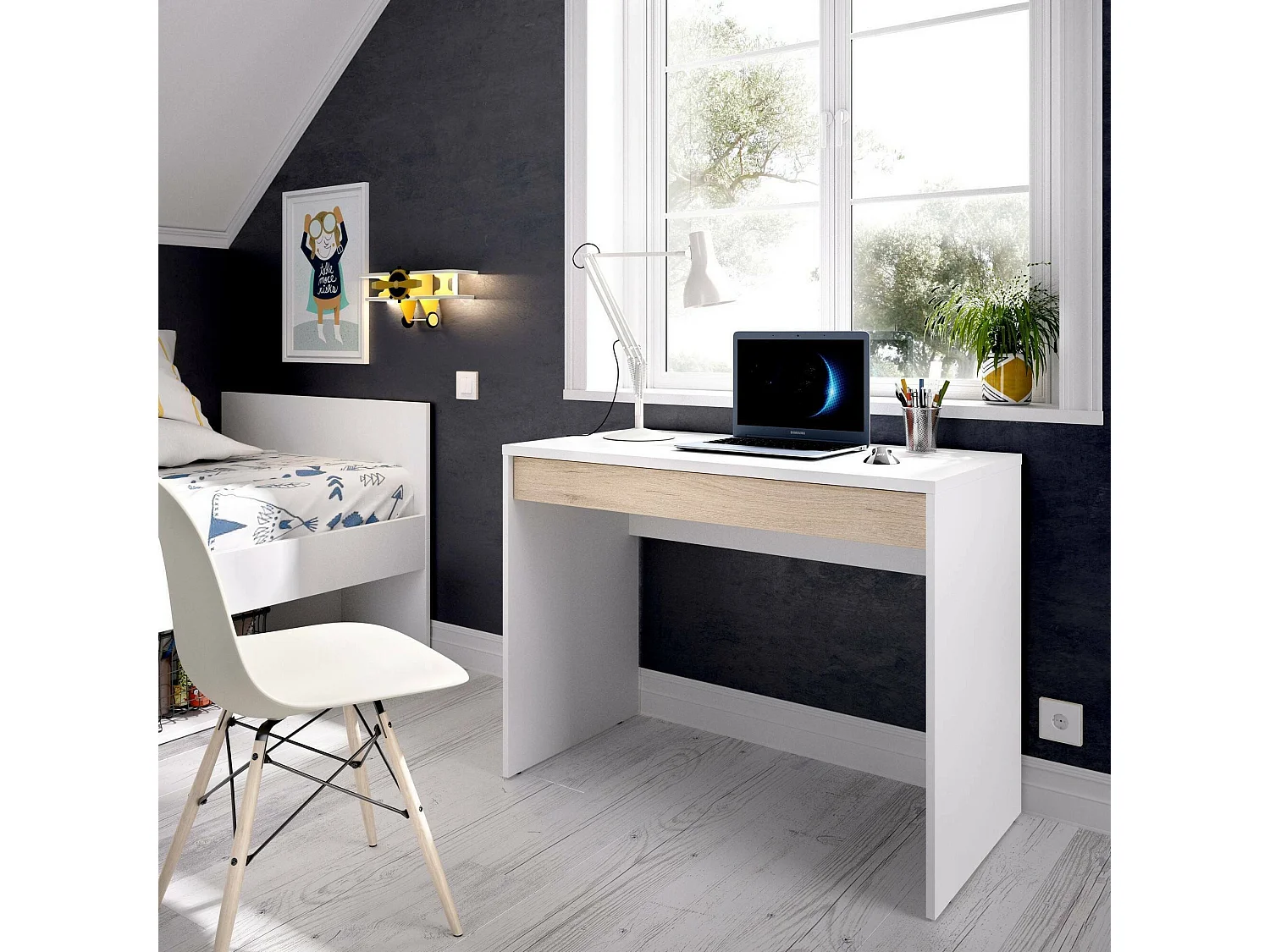 Bureau perforé, Bureau polyvalent peu encombrant, Table d'étude linéaire avec 1 tiroir, 90x50h74 cm, Blanc et Chêne