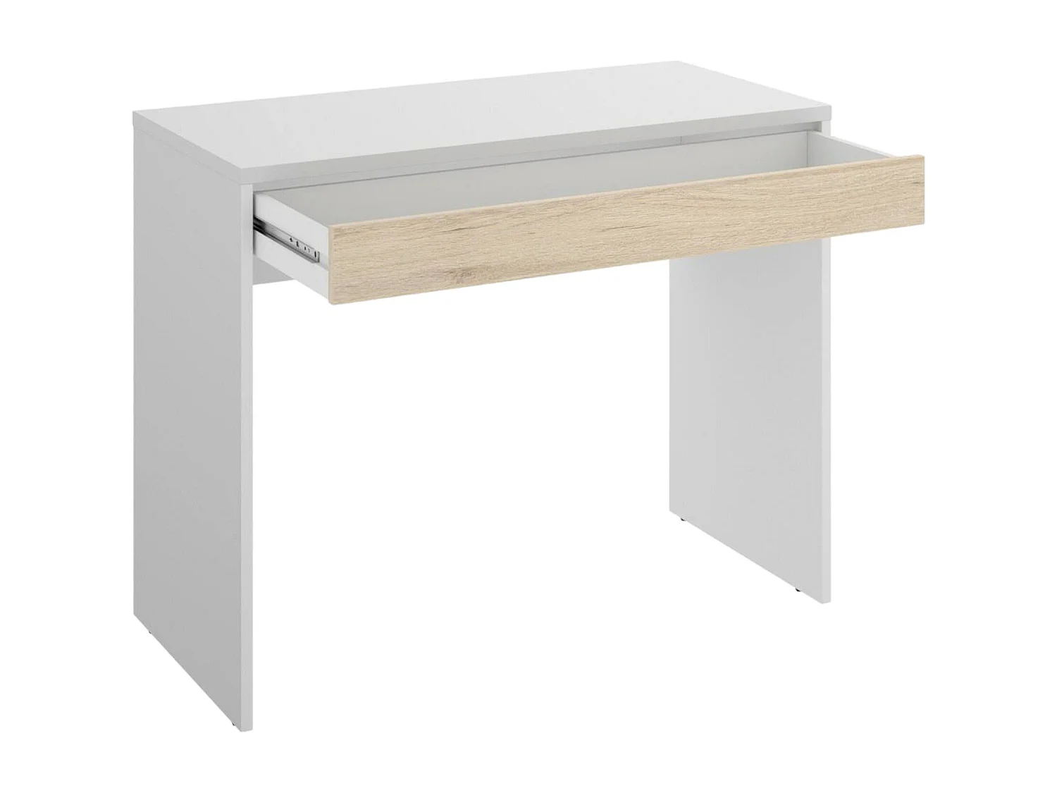 Bureau perforé, Bureau polyvalent peu encombrant, Table d'étude linéaire avec 1 tiroir, 90x50h74 cm, Blanc et Chêne