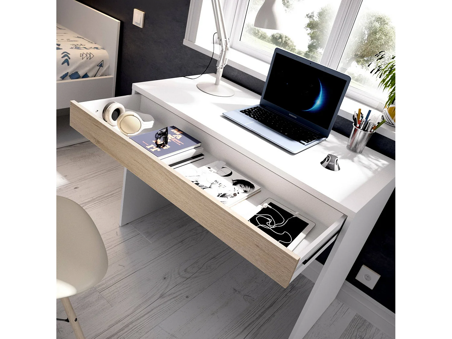 Bureau perforé, Bureau polyvalent peu encombrant, Table d'étude linéaire avec 1 tiroir, 90x50h74 cm, Blanc et Chêne