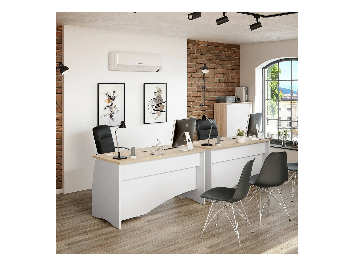 Davell Desk, Bureau, Table d'étude PC avec 3 tiroirs, 136x67h74 cm, Blanc et Chêne