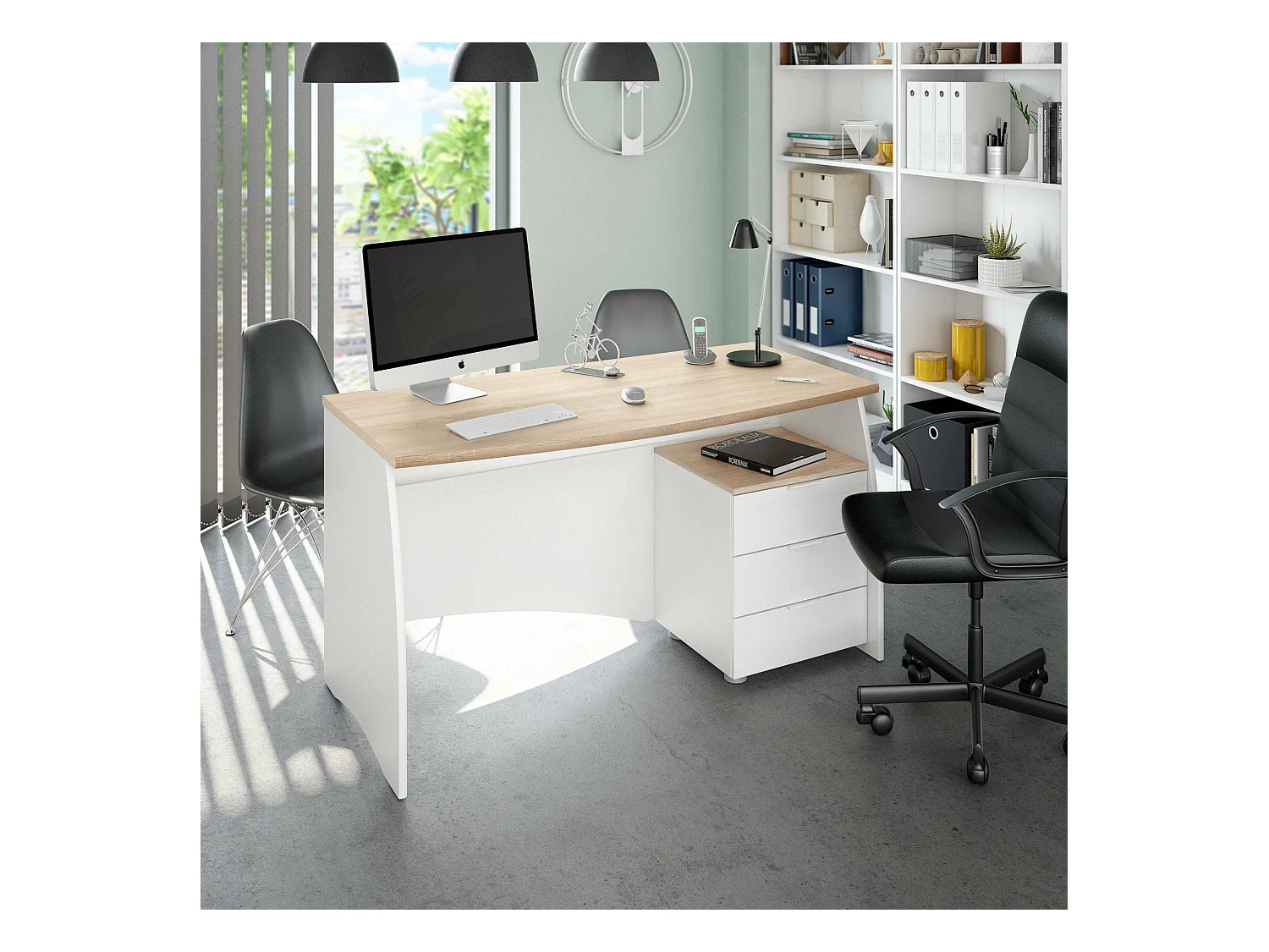 Davell Desk, Bureau, Table d'étude PC avec 3 tiroirs, 136x67h74 cm, Blanc et Chêne
