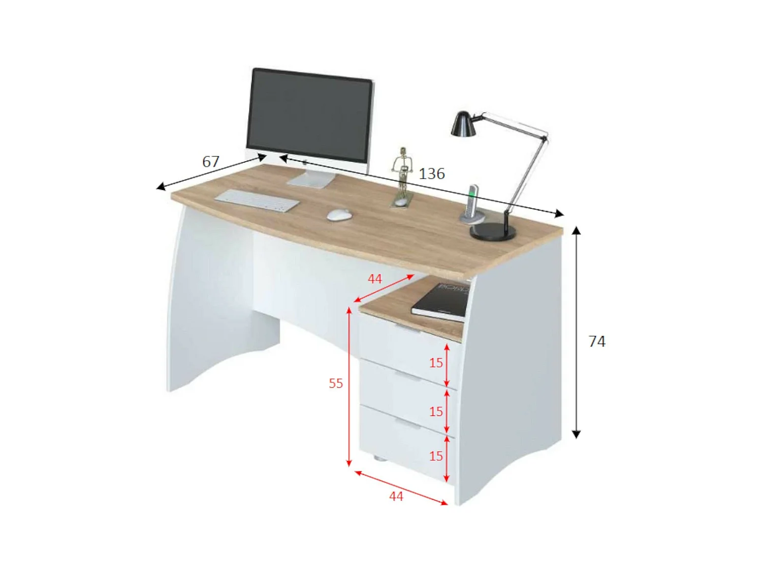 Davell Desk, Bureau, Table d'étude PC avec 3 tiroirs, 136x67h74 cm, Blanc et Chêne
