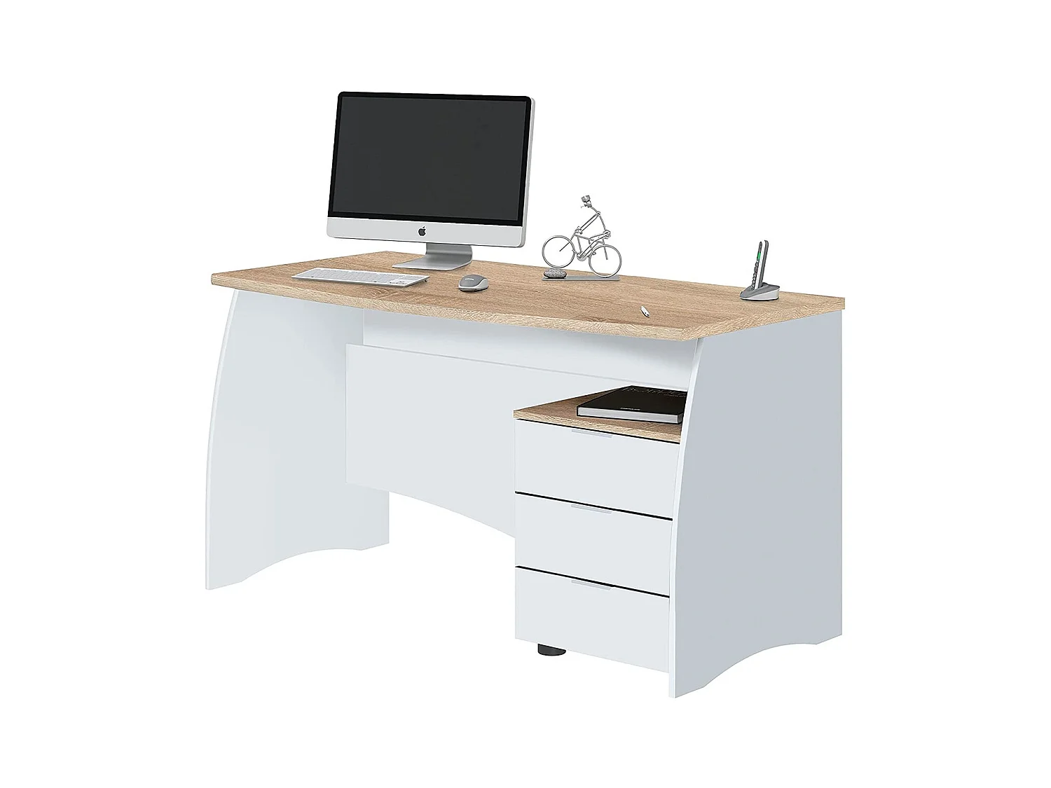Davell Desk, Bureau, Table d'étude PC avec 3 tiroirs, 136x67h74 cm, Blanc et Chêne