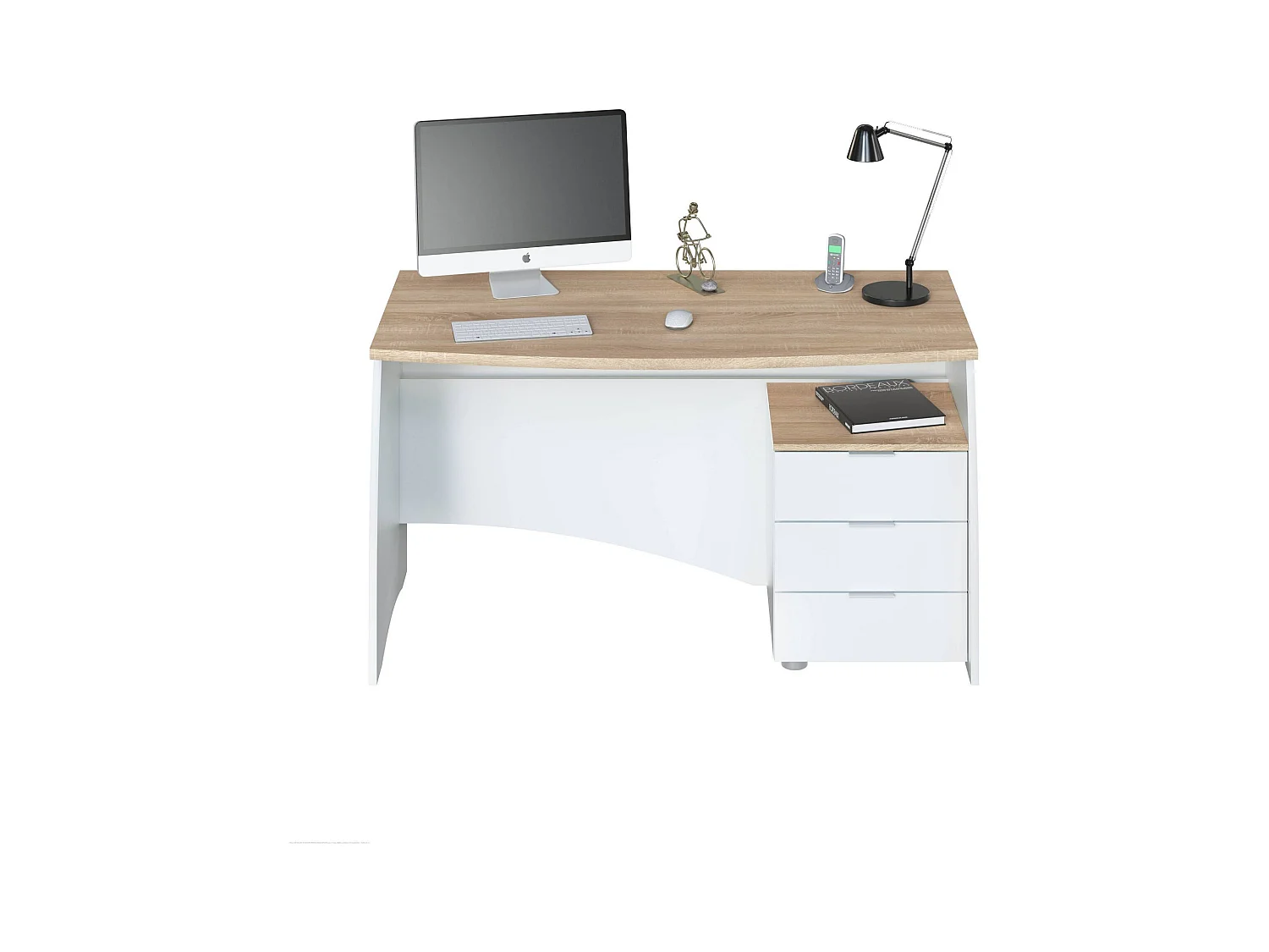 Davell Desk, Bureau, Table d'étude PC avec 3 tiroirs, 136x67h74 cm, Blanc et Chêne