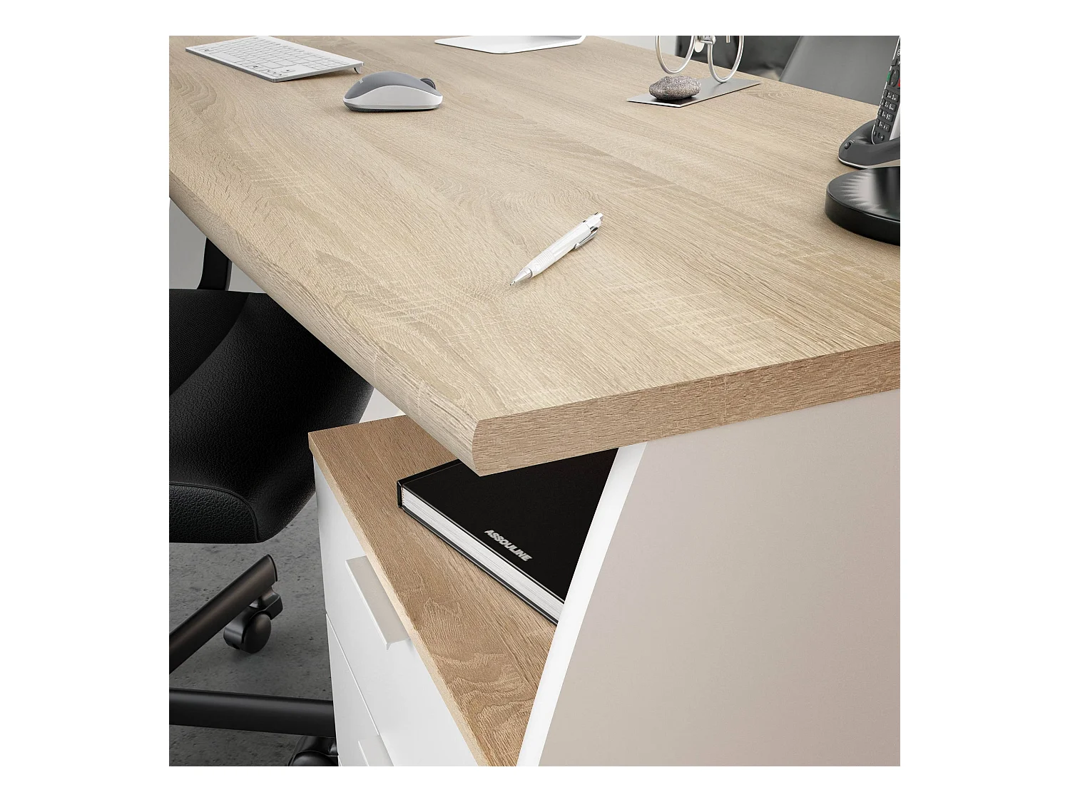 Davell Desk, Bureau, Table d'étude PC avec 3 tiroirs, 136x67h74 cm, Blanc et Chêne