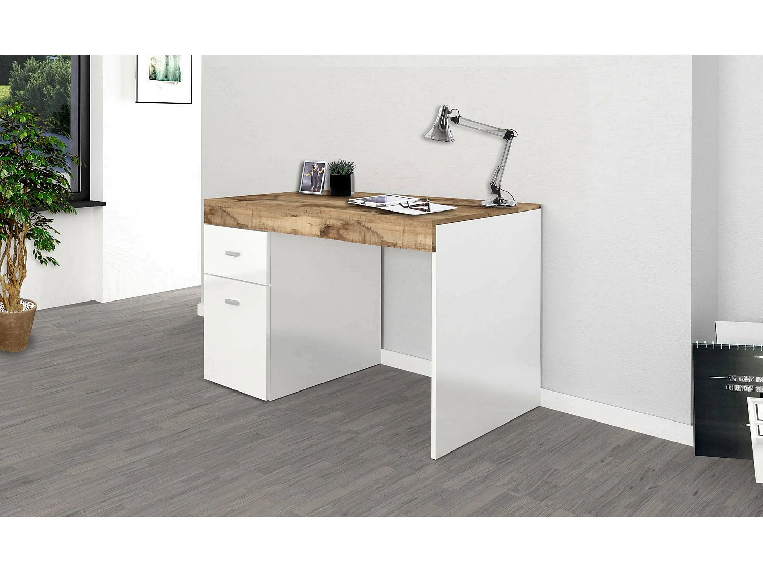 Daucell bureau, Lineair PC-bureau, Multifunctionele kantoortafel, Ruimtebesparend bureau, 100% Made in Italy, 100x60h75 cm, Glanzend wit en esdoorn