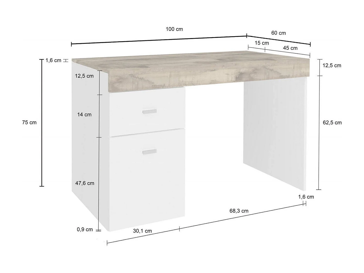 Daucell bureau, Lineair PC-bureau, Multifunctionele kantoortafel, Ruimtebesparend bureau, 100% Made in Italy, 100x60h75 cm, Glanzend wit en esdoorn