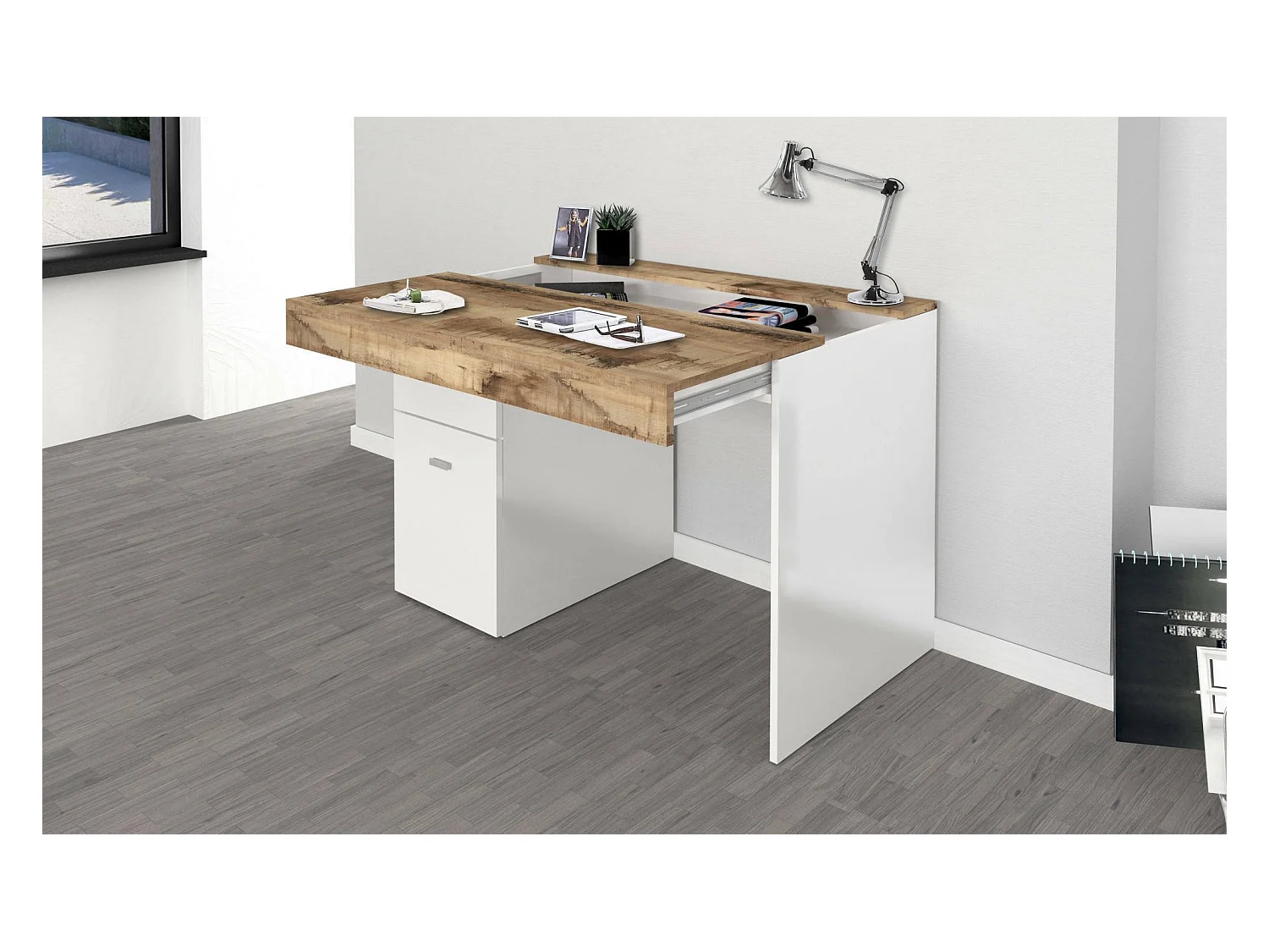 Daucell bureau, Lineair PC-bureau, Multifunctionele kantoortafel, Ruimtebesparend bureau, 100% Made in Italy, 100x60h75 cm, Glanzend wit en esdoorn