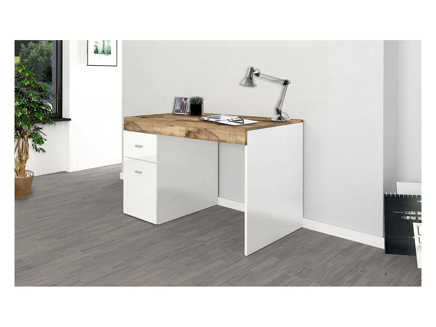 Daucell bureau, Lineair PC-bureau, Multifunctionele kantoortafel, Ruimtebesparend bureau, 100% Made in Italy, 100x60h75 cm, Glanzend wit en esdoorn