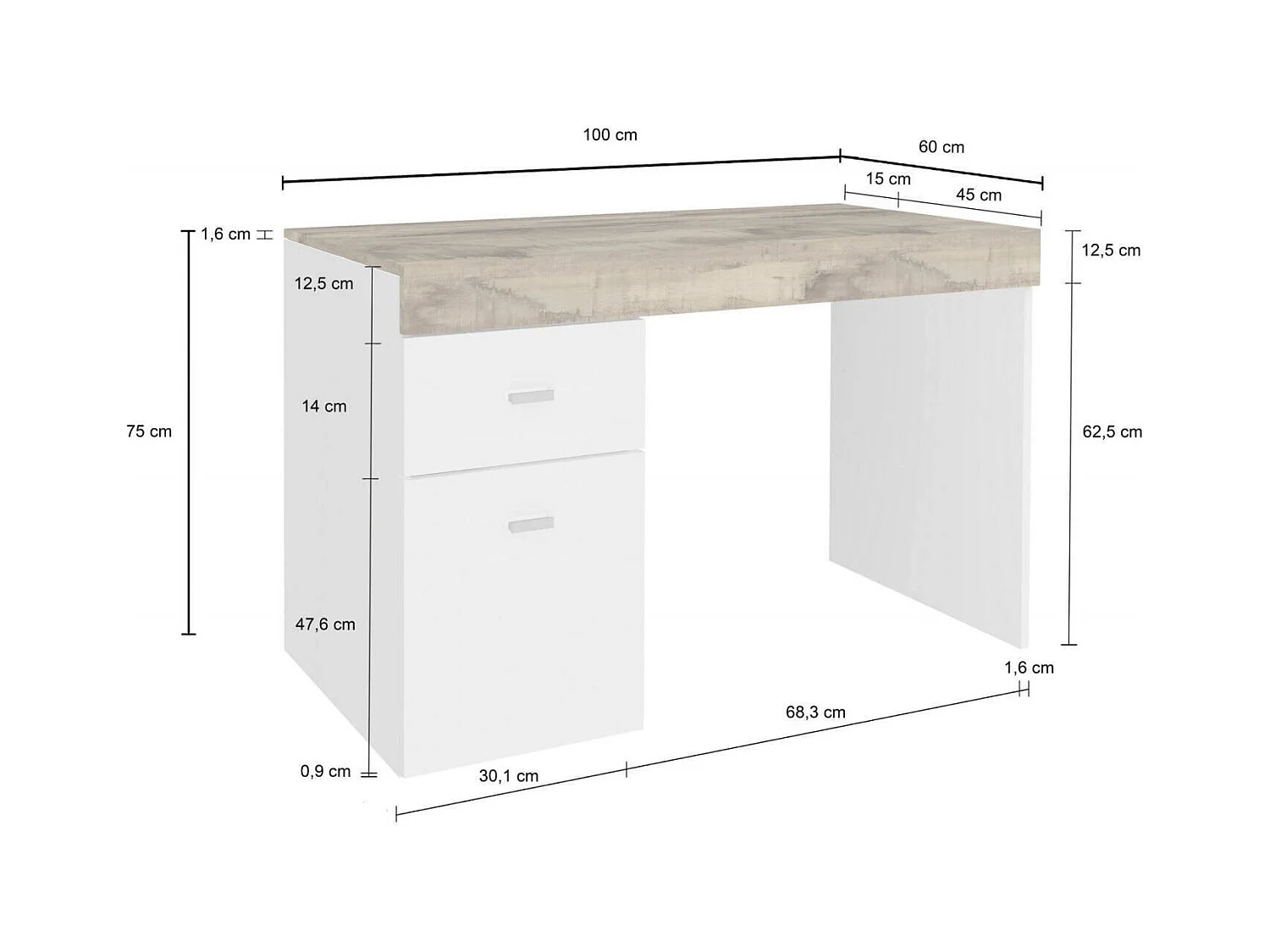 Daucell bureau, Lineair PC-bureau, Multifunctionele kantoortafel, Ruimtebesparend bureau, 100% Made in Italy, 100x60h75 cm, Glanzend wit en esdoorn
