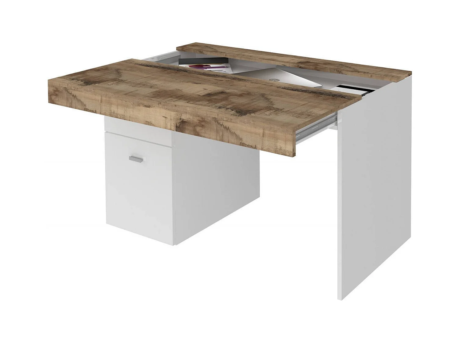 Daucell bureau, Lineair PC-bureau, Multifunctionele kantoortafel, Ruimtebesparend bureau, 100% Made in Italy, 100x60h75 cm, Glanzend wit en esdoorn