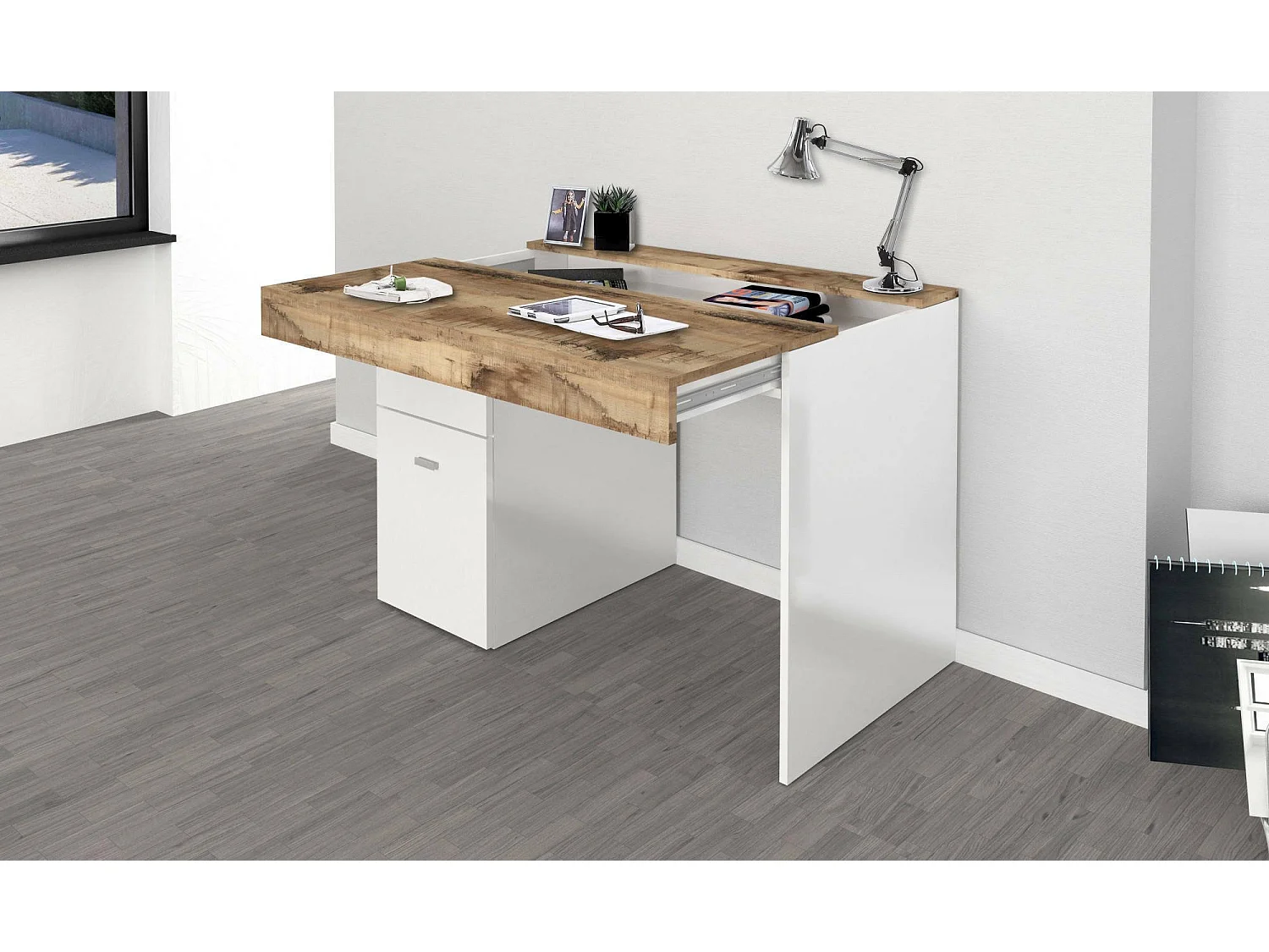 Bureau Daucell, Bureau PC Linéaire, Table de bureau polyvalente, Bureau peu encombrant, 100% Made in Italy, 100x60h75 cm, Blanc brillant et Érable