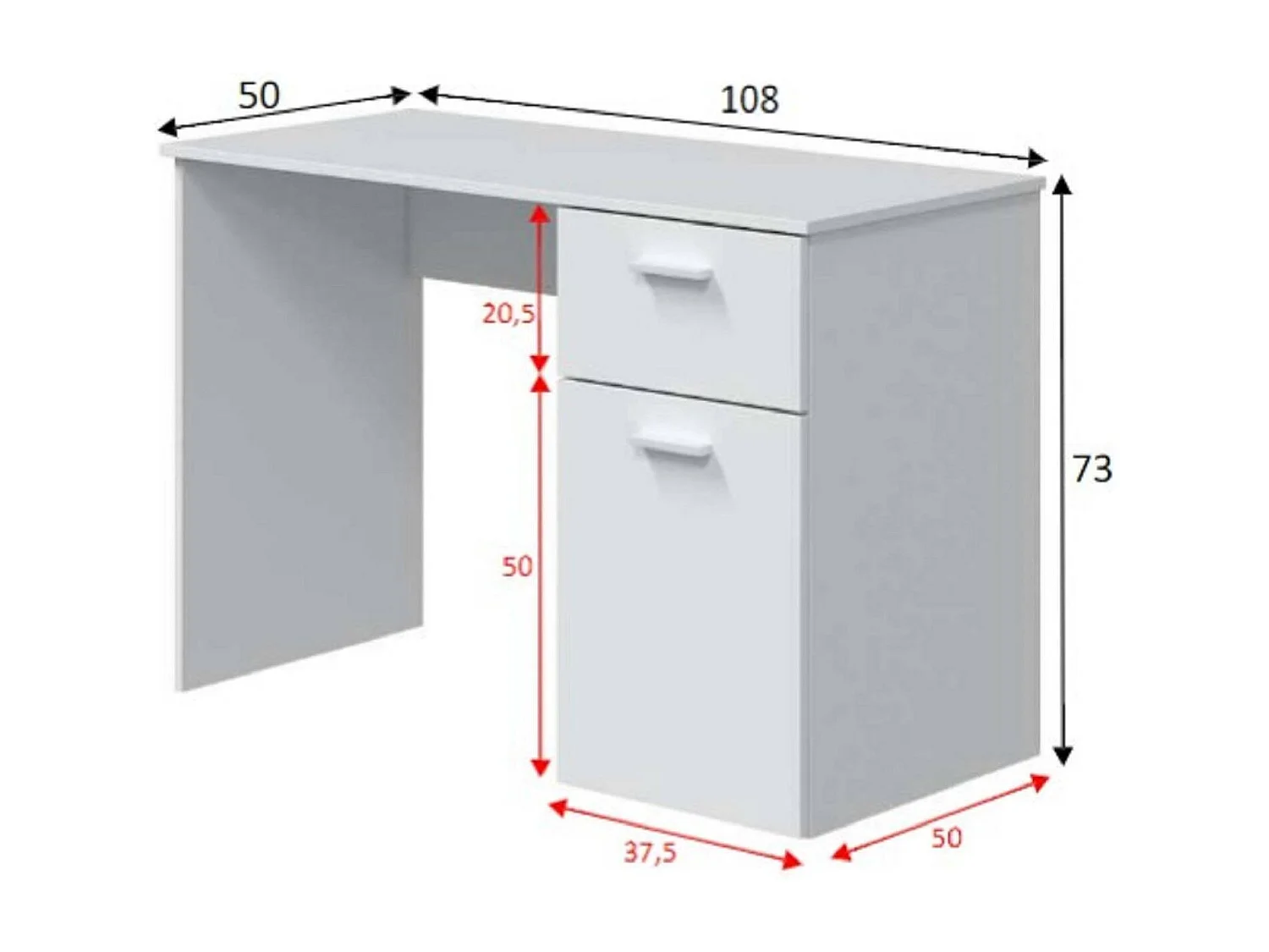Schreibtisch Dhaver, Schreibtisch mit 1 Schublade und 1 Tür, Arbeits- oder Bürotisch für PC, 108x50h73 cm, Weiß
