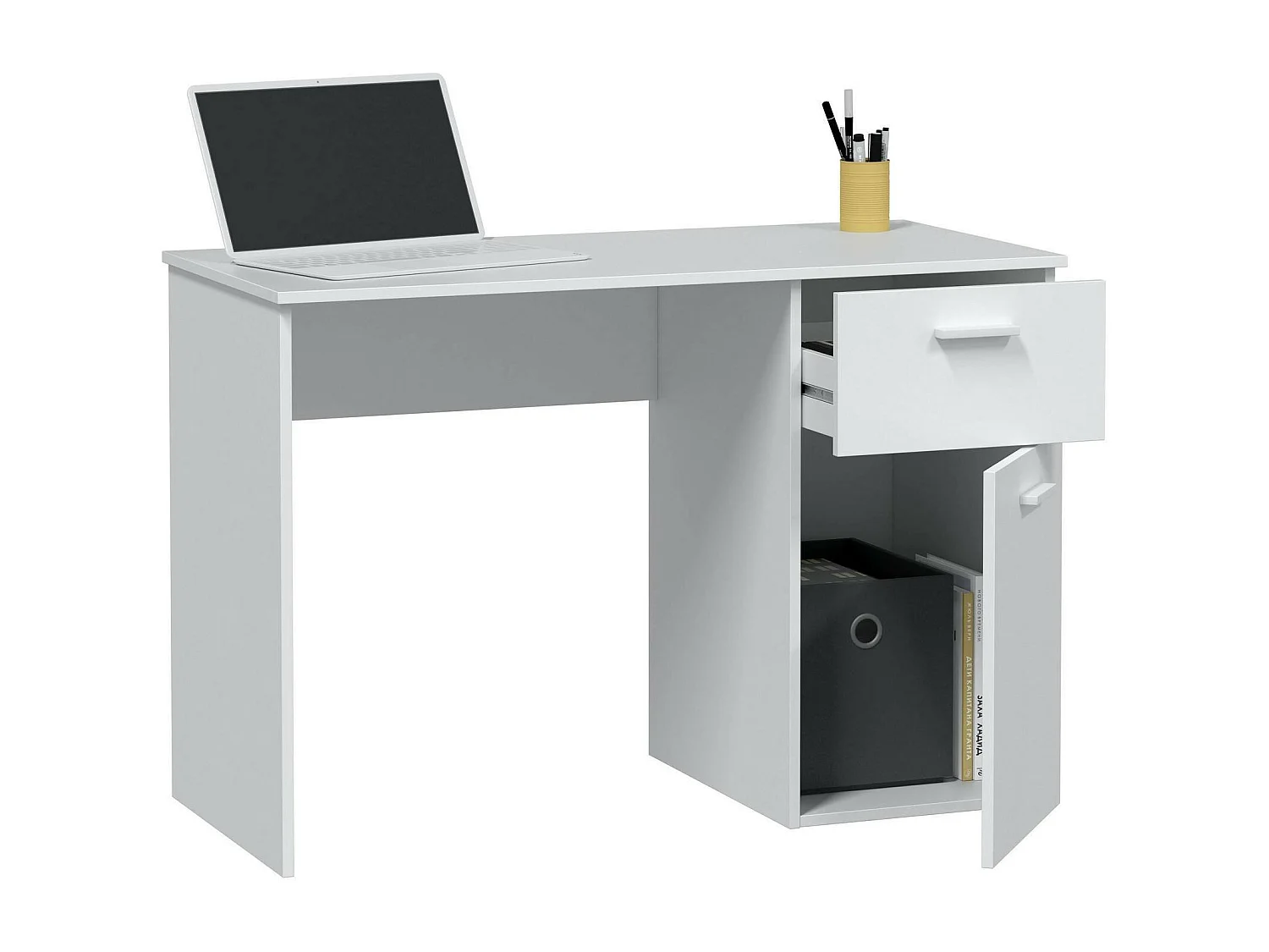 Bureau Dhaver, Bureau multifonction avec 1 tiroir et 1 porte, Table d'étude ou de bureau pour PC, 108x50h73 cm, Blanc