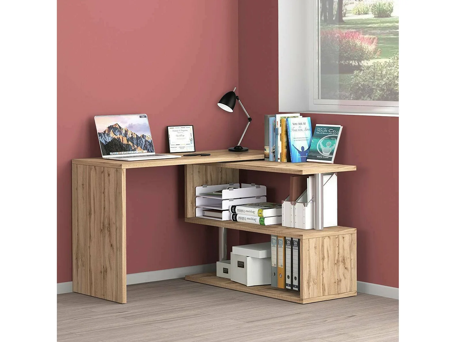 Scrivania Topazio, 2 Ripiani Made in Italy, 50x120x75h cm Marrone Rovere