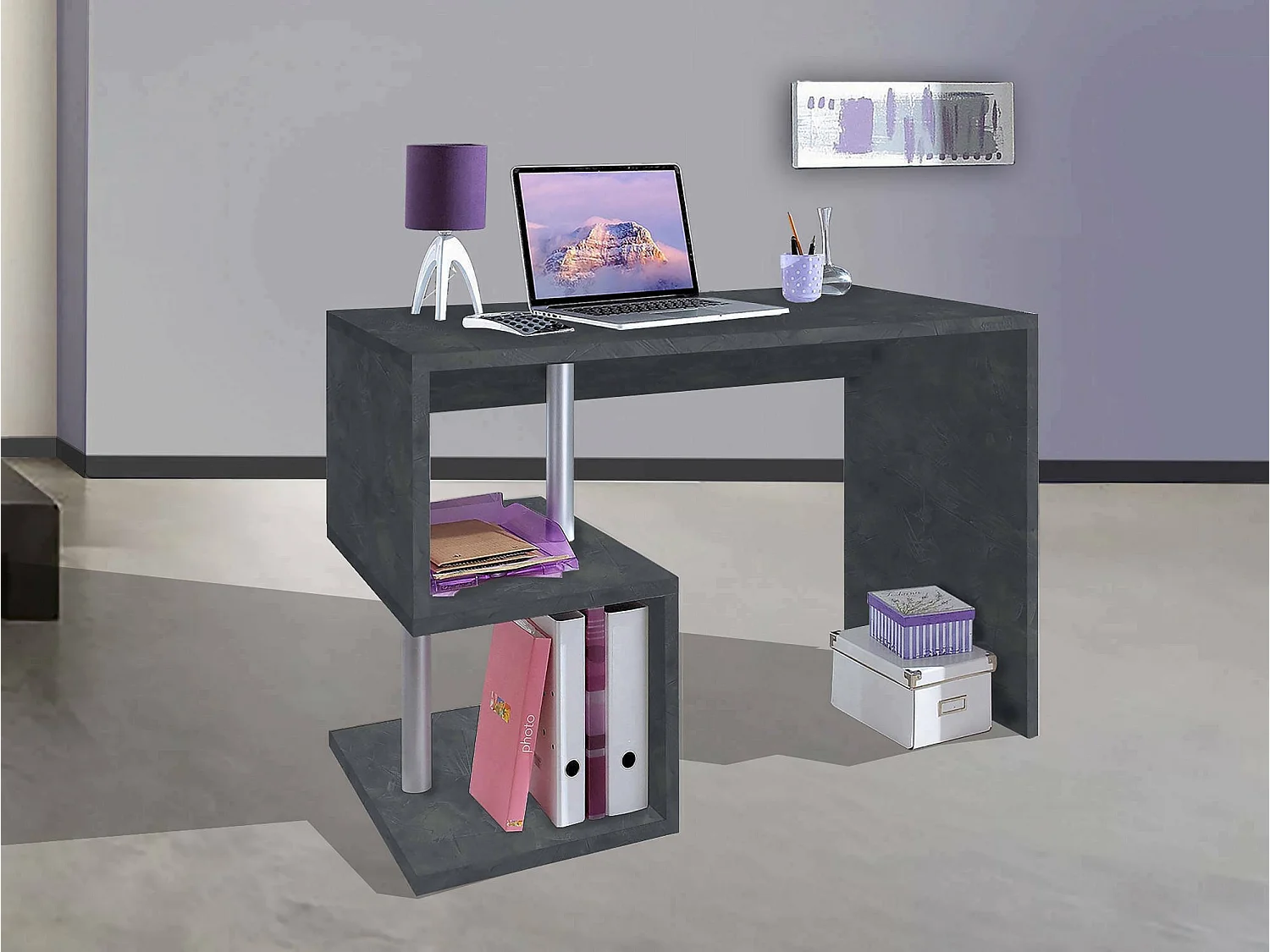 Bureau Dgyombe, Bureau PC Linéaire, Table de bureau polyvalente, Bureau gain de place multi-positions, 100% Made in Italy, 100x50h78 cm, Ardoise