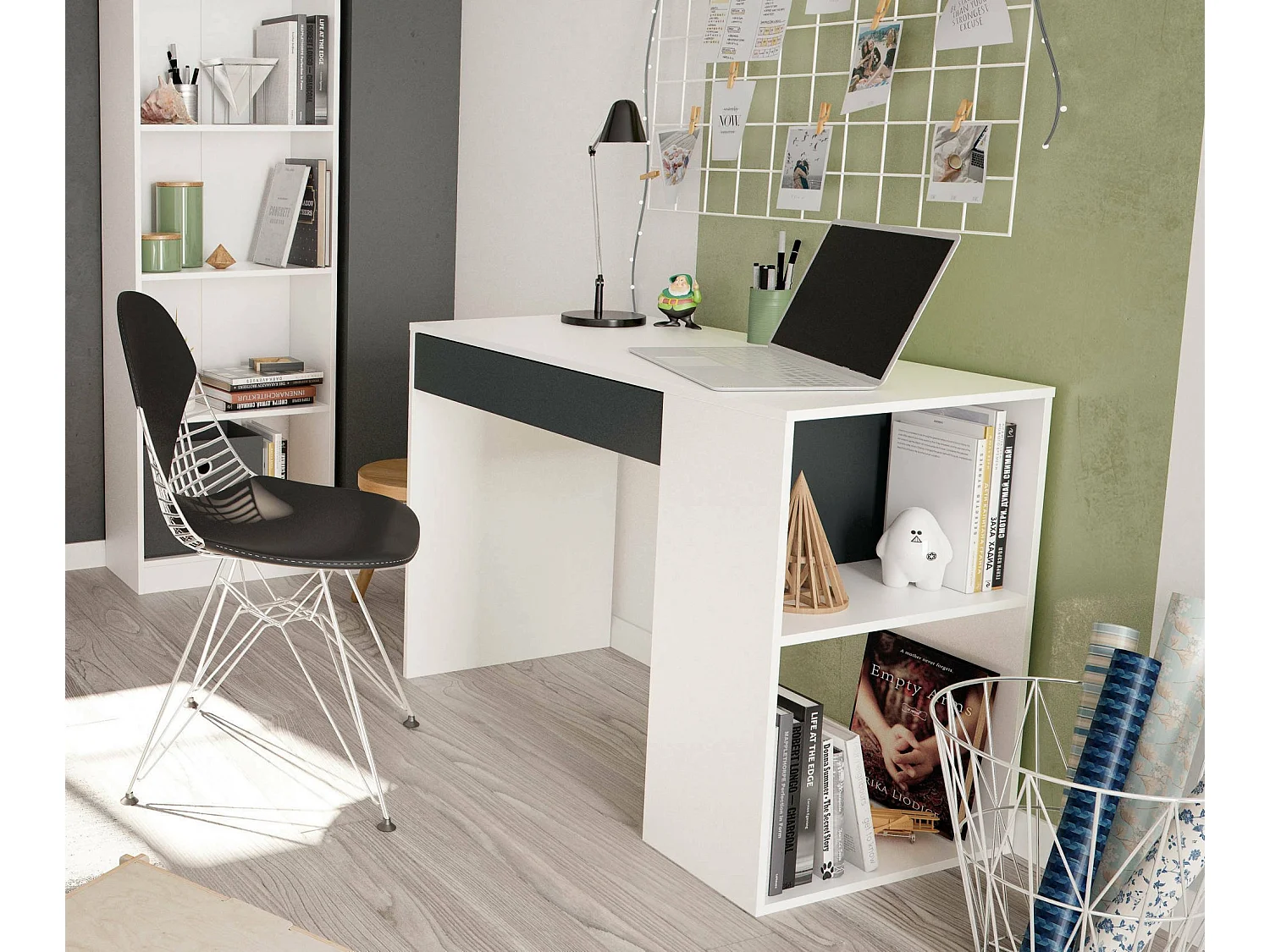 Bureau Danani, Bureau multifonction réversible avec tiroir, Table d'étude ou de bureau pour PC, 101x50h73 cm, Blanc et Anthracite