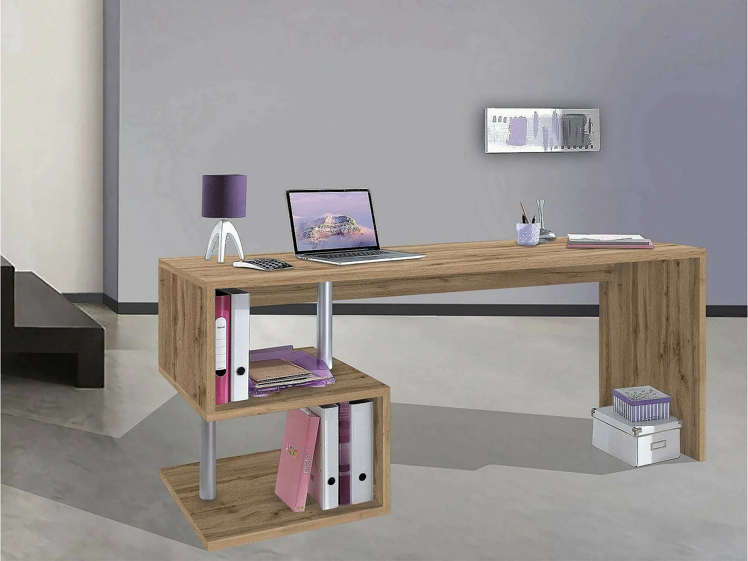 Bureau Dmarusi, Bureau PC Linéaire, Table de bureau polyvalente, Bureau gain de place multi-positions, 100% Made in Italy, 180x60h78 cm, Chêne