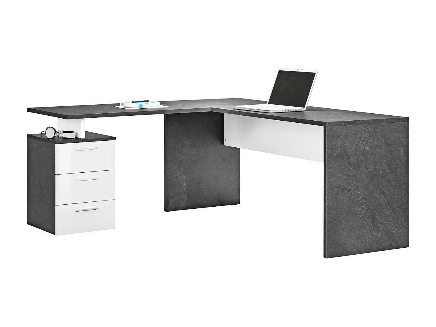 Dguarin Desk, Bureau PC d'angle, Table de bureau polyvalente, Bureau gain de place multi-positions, 100% Made in Italy, 160x60h75 cm, Ardoise et Blanc Brillant
