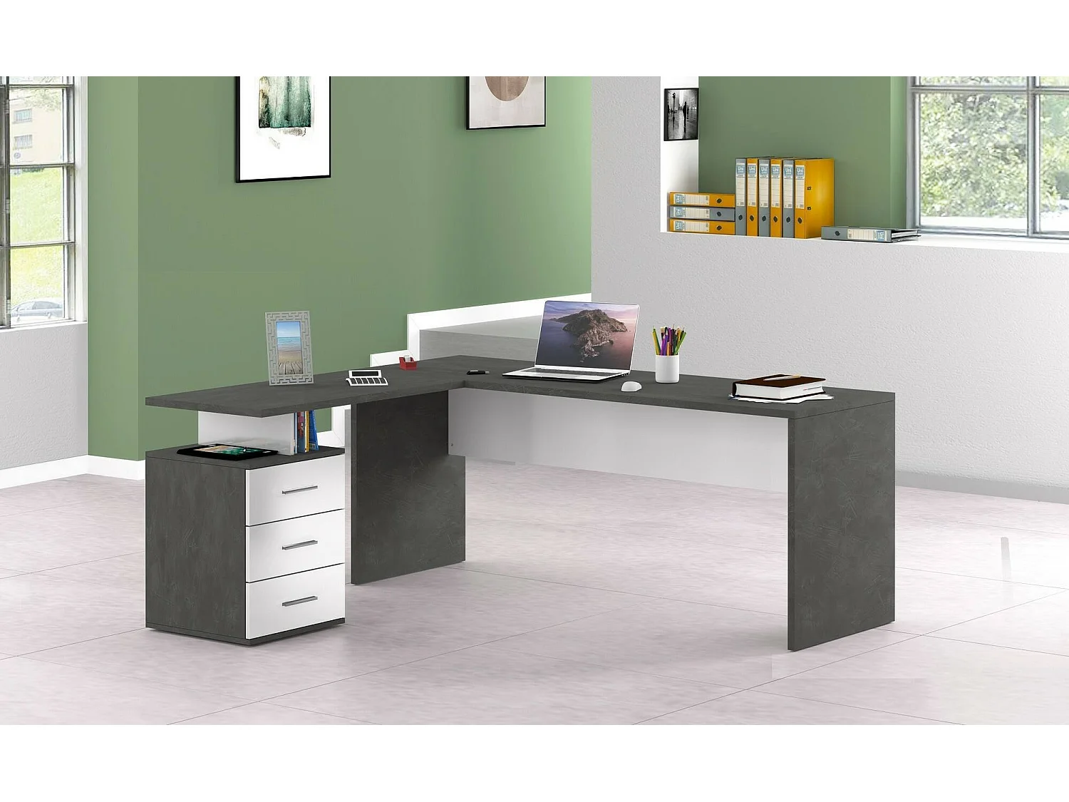 SCHREIBTISCH Schiefer, Weiß glänzend 60/180/75 cm