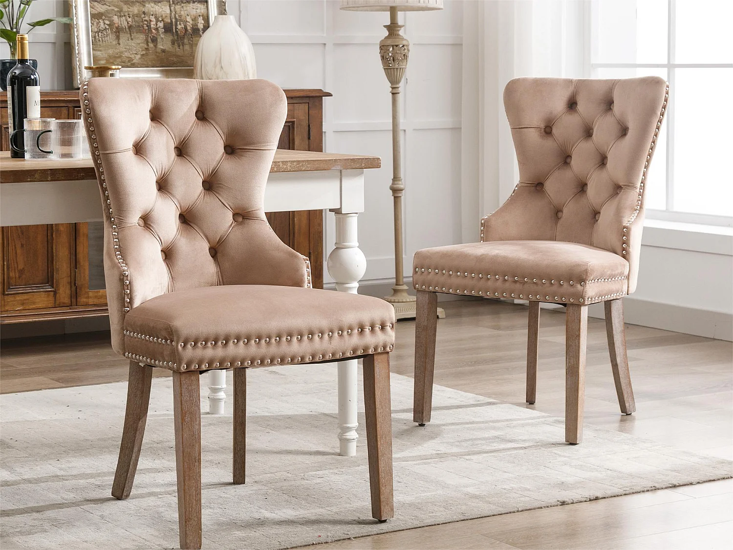 Lot de 2 chaises en velours - pieds en bois massif - naturel