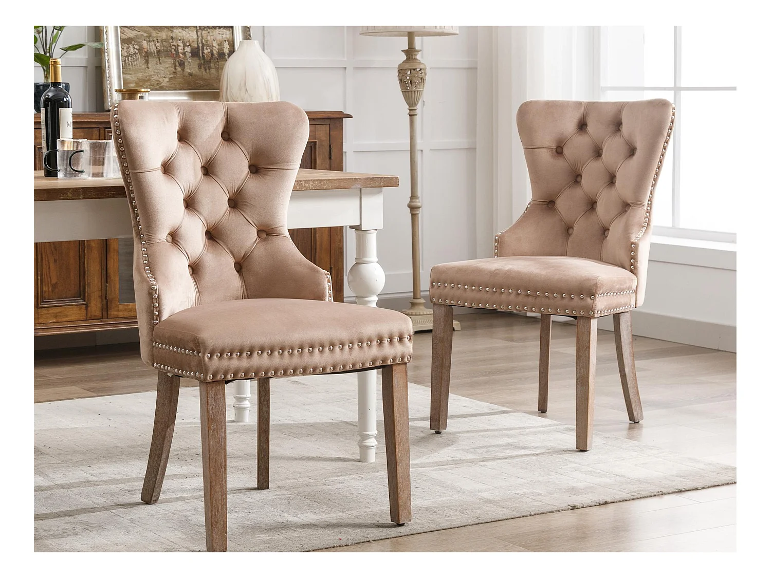 Lot de 2 chaises en velours - pieds en bois massif - naturel