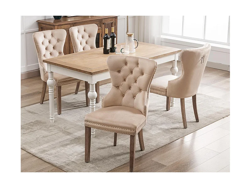 Lot de 4 chaises en velours - pieds en bois massif - beige