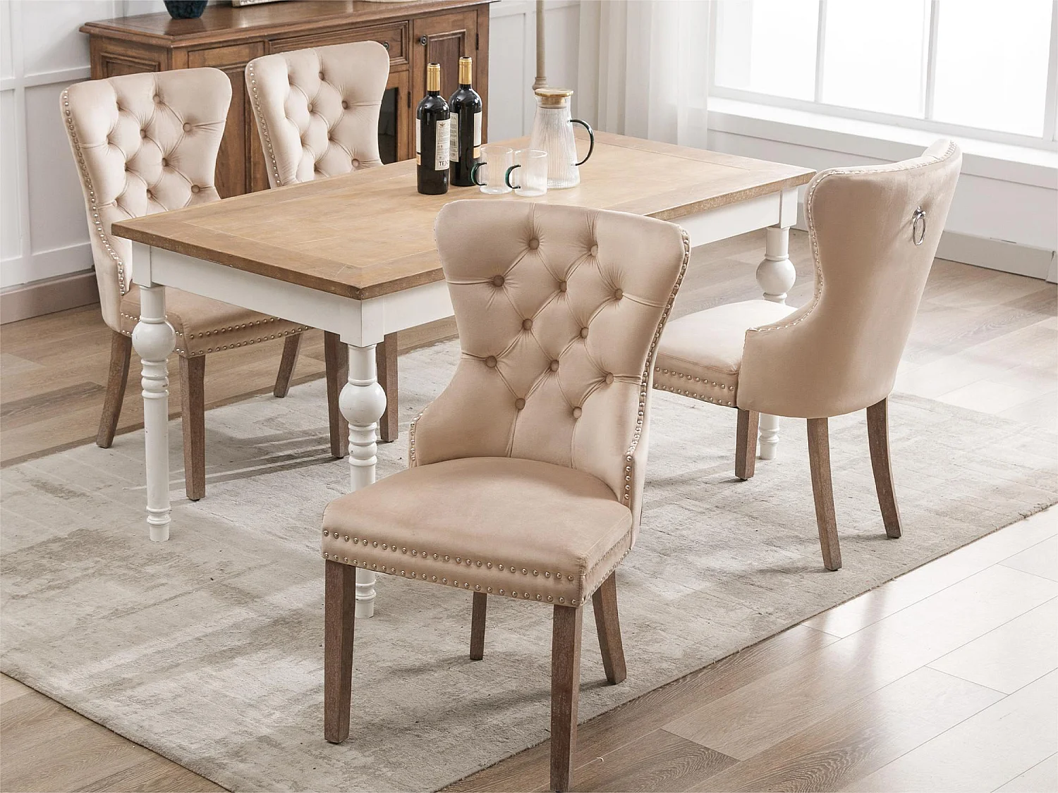 Set di 4 sedie in velluto - gambe in legno massiccio - beige