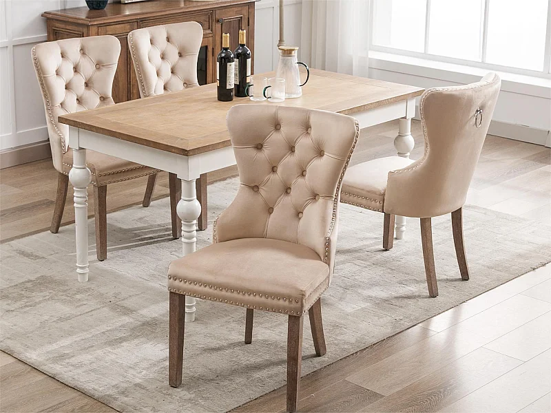 Set van 4 fluwelen stoelen - massief houten poten - beige