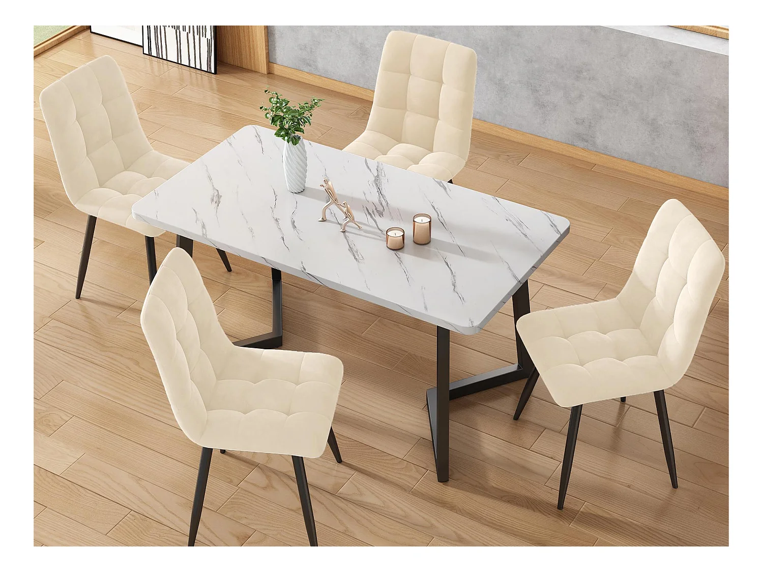 Lot de 4 Chaises de salle à manger - structure en métal - tissu en velours - beige