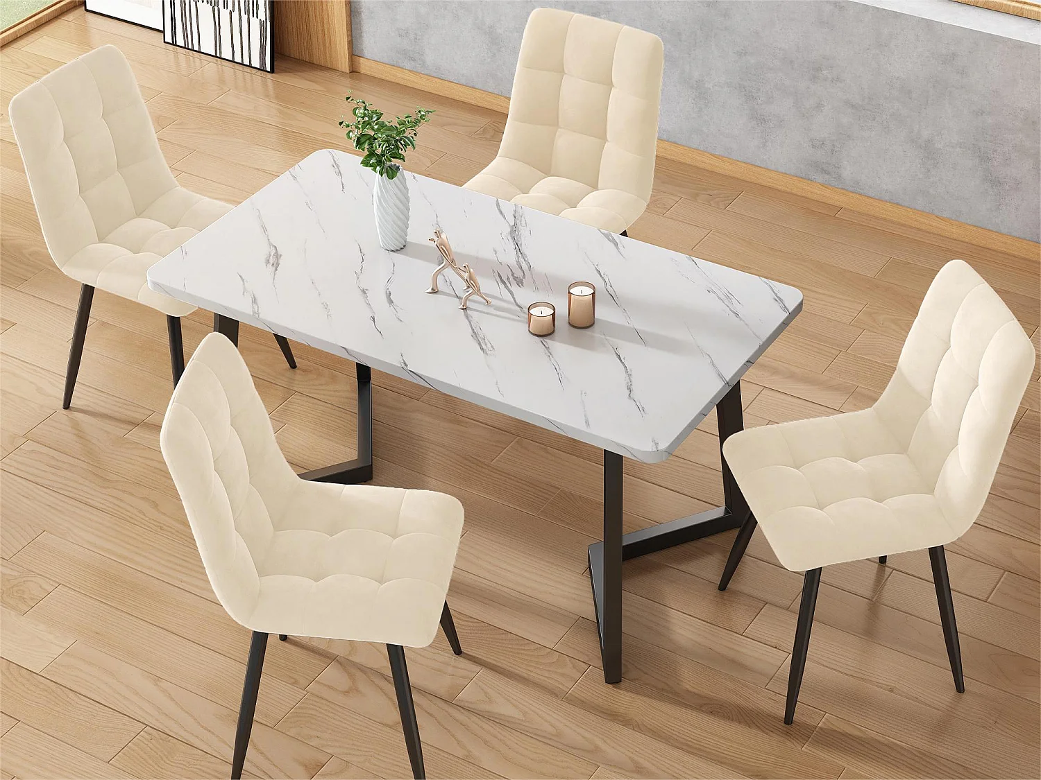 Set 4 Sedie per sala da pranzo - struttura in metallo - tessuto in velluto - beige