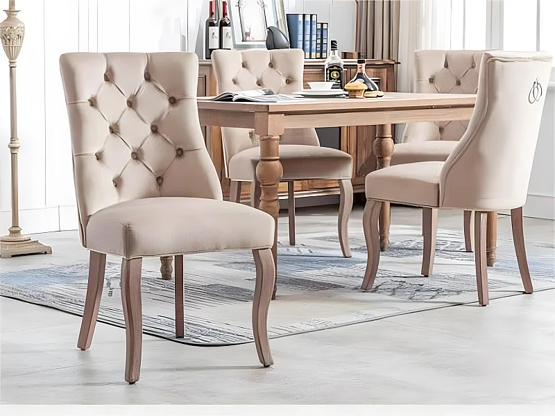 Lot de 4 chaises de salle à manger en velours - matelassage de boutons - Beige