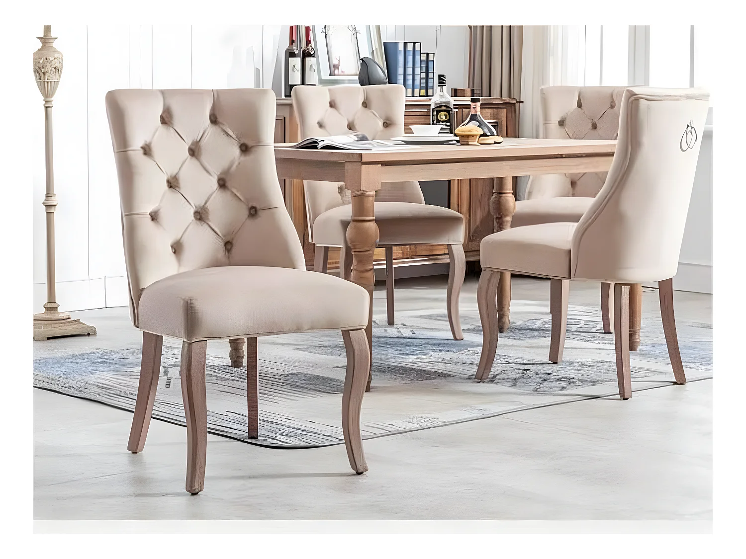 Lot de 4 chaises de salle à manger en velours - matelassage de boutons - Beige